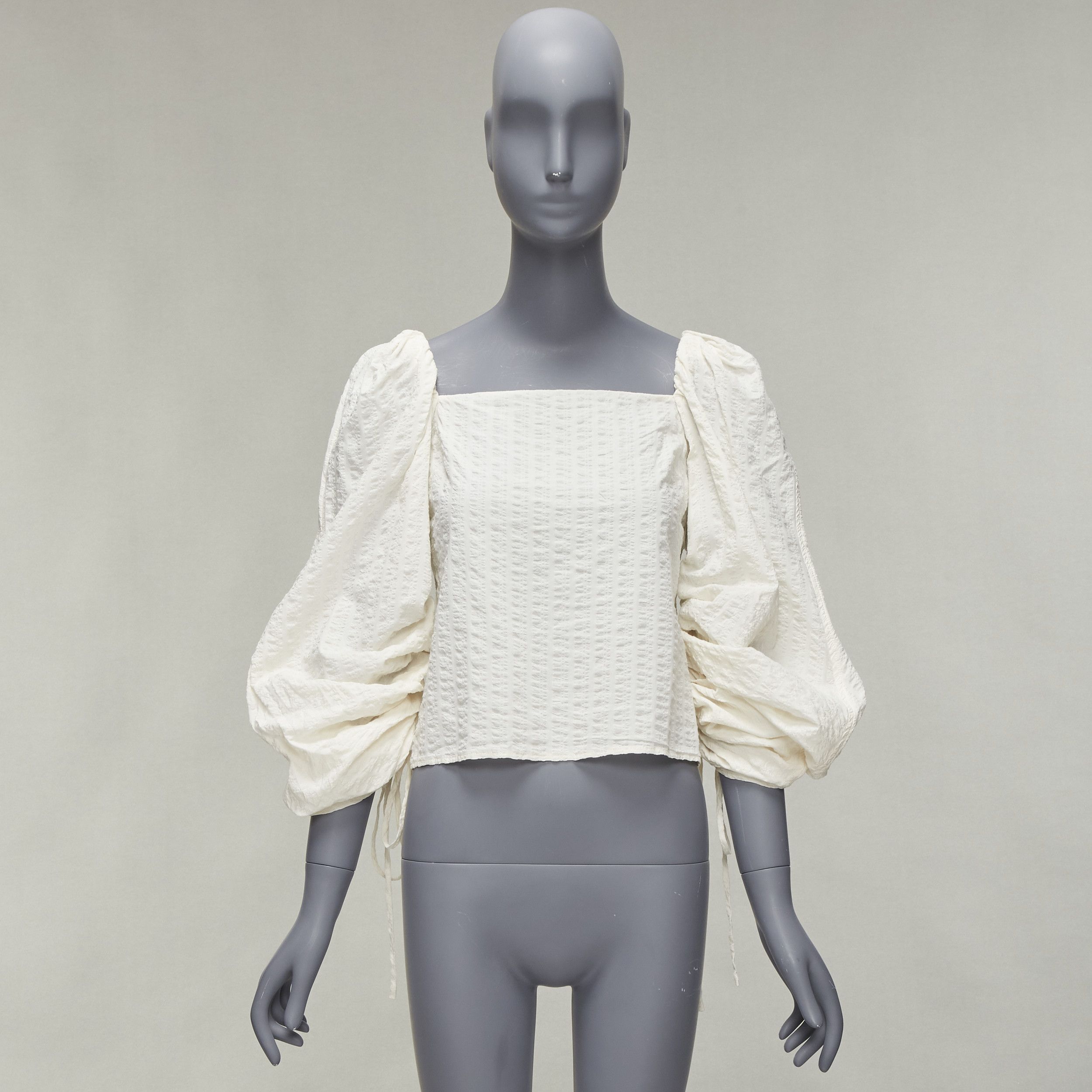 Rejina Pyo REGINA PYO cream cotton square neck ruched puff sleeves cropped peasant top S Size S / US 4 / IT 40 - 10 Thumbnail