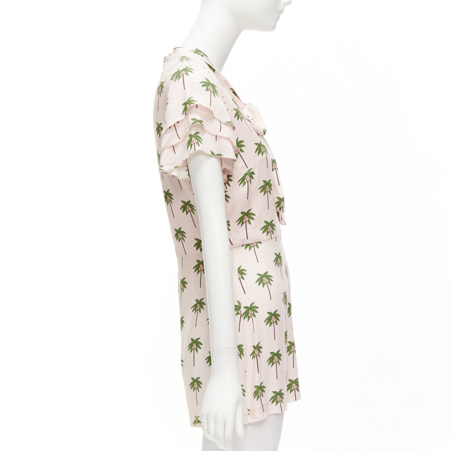 Alice + Olivia ALICE OLIVIA pink green coconut palm tree frill sleeves bow tie romper US8 L Size 30" / US 8 / IT 44 - 4 Thumbnail