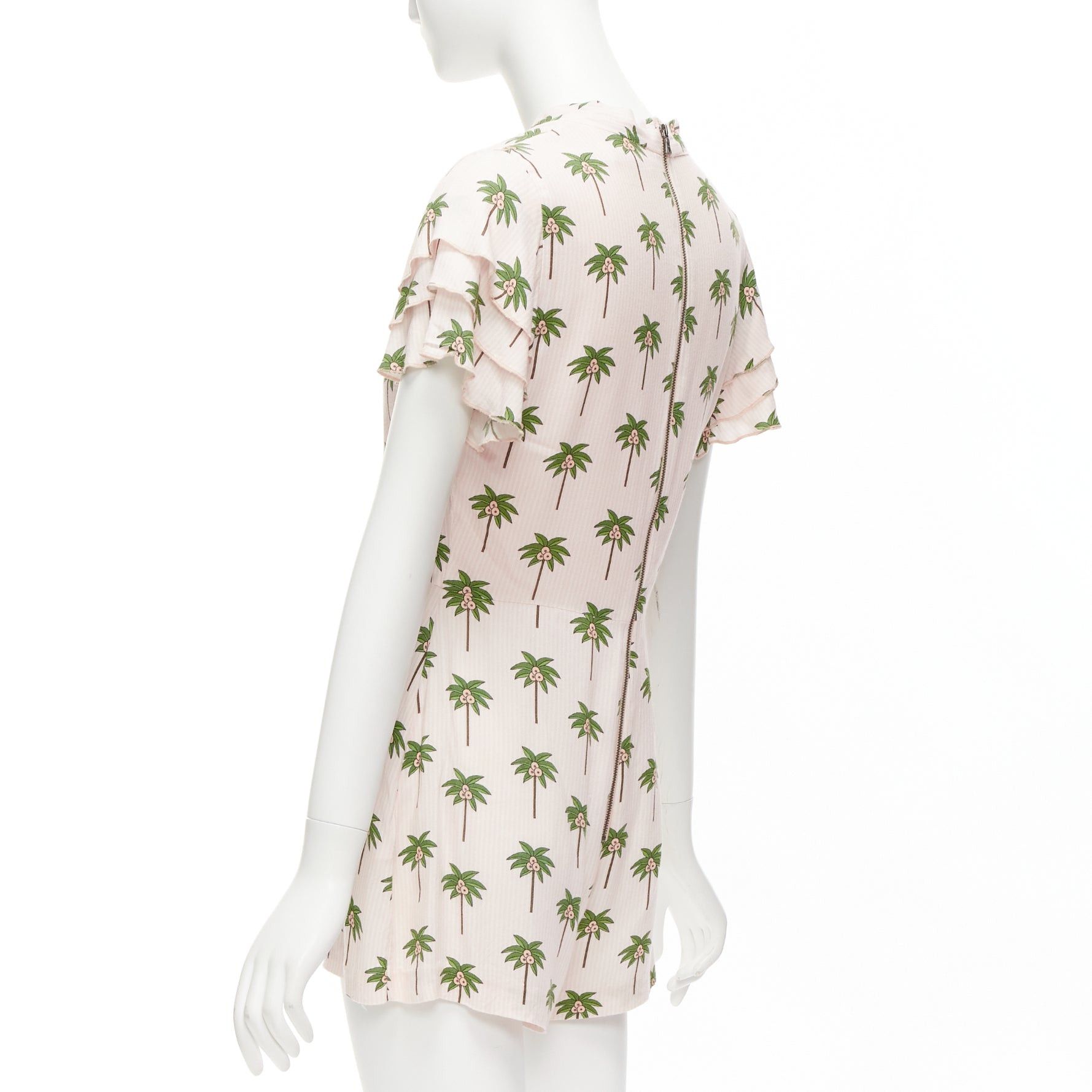Alice + Olivia ALICE OLIVIA pink green coconut palm tree frill sleeves bow tie romper US8 L Size 30" / US 8 / IT 44 - 6 Thumbnail