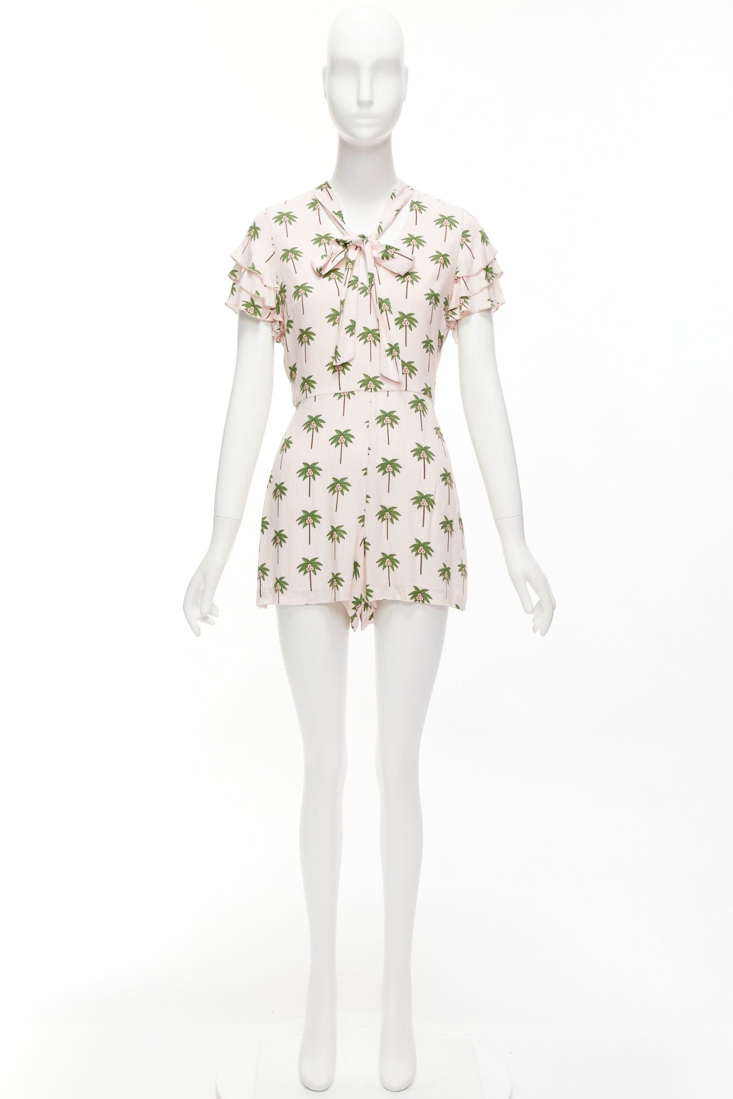 Alice + Olivia ALICE OLIVIA pink green coconut palm tree frill sleeves bow tie romper US8 L Size 30" / US 8 / IT 44 - 9 Thumbnail