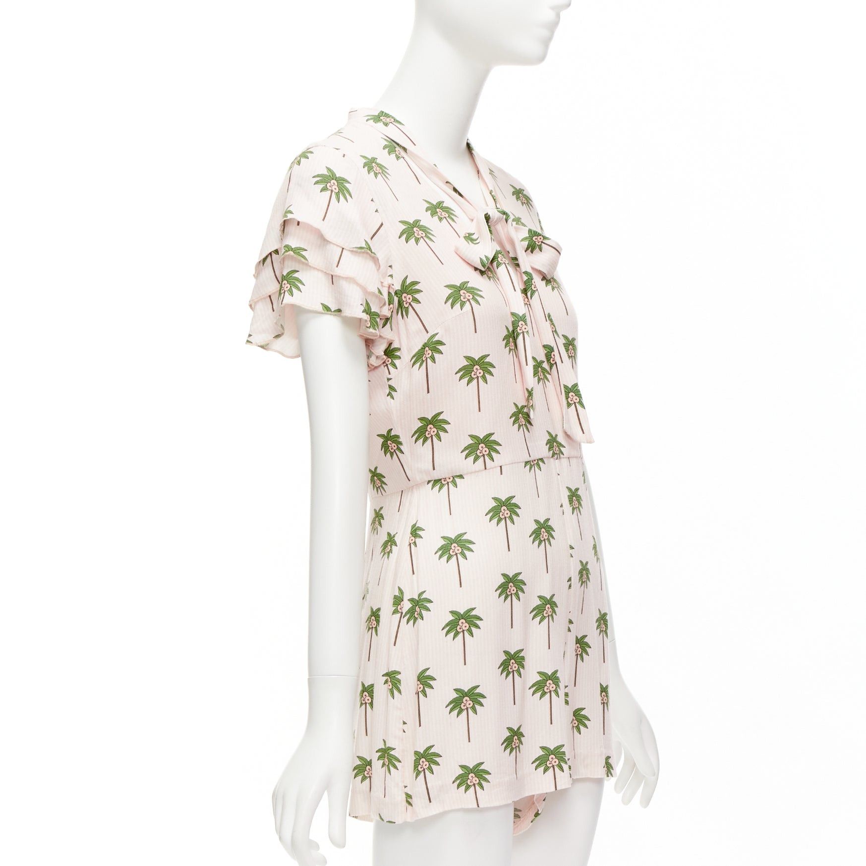 Alice + Olivia ALICE OLIVIA pink green coconut palm tree frill sleeves bow tie romper US8 L Size 30" / US 8 / IT 44 - 3 Thumbnail