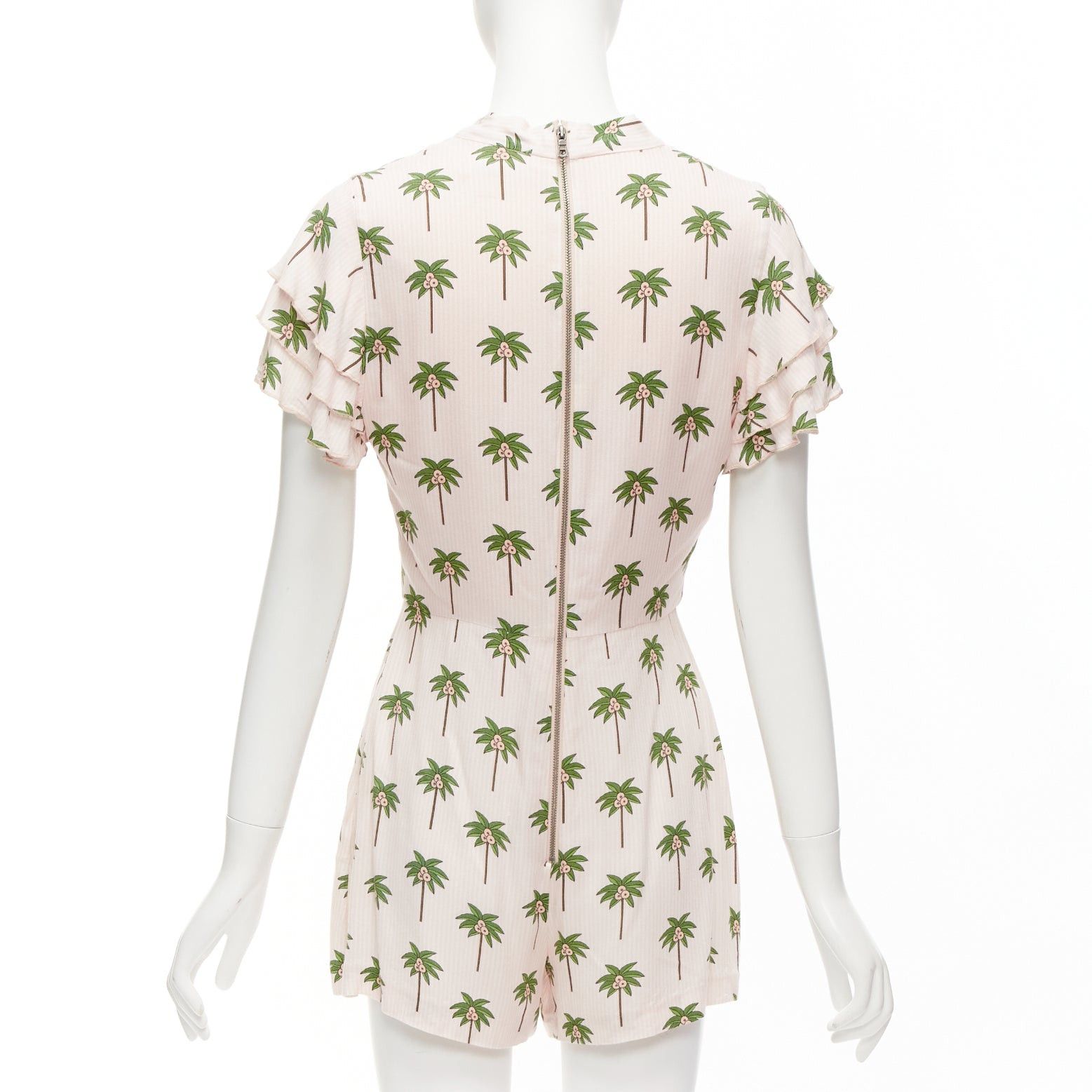 Alice + Olivia ALICE OLIVIA pink green coconut palm tree frill sleeves bow tie romper US8 L Size 30" / US 8 / IT 44 - 5 Thumbnail