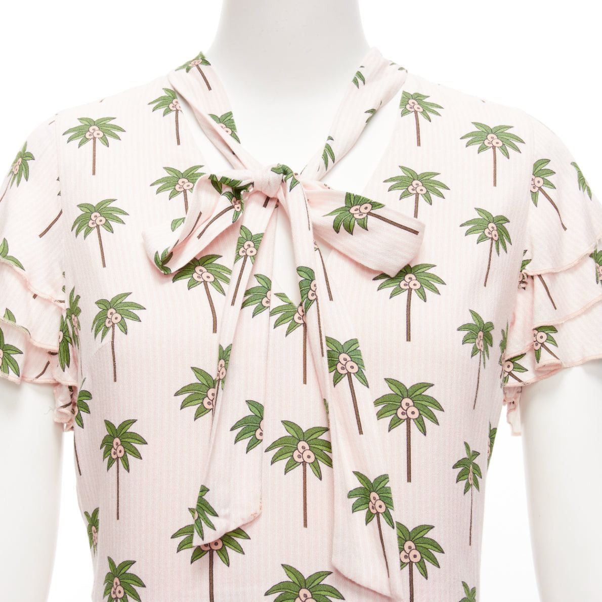 Alice + Olivia ALICE OLIVIA pink green coconut palm tree frill sleeves bow tie romper US8 L Size 30" / US 8 / IT 44 - 2 Thumbnail