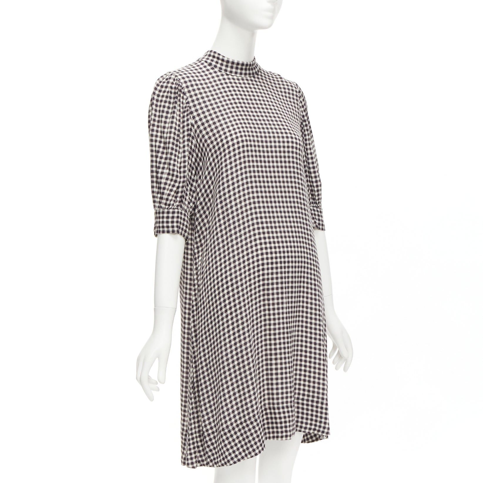 Ganni GANNI black white checkerboard print high neck half sleeve knee dress FR36 S Size S / US 4 / IT 40 - 3 Thumbnail