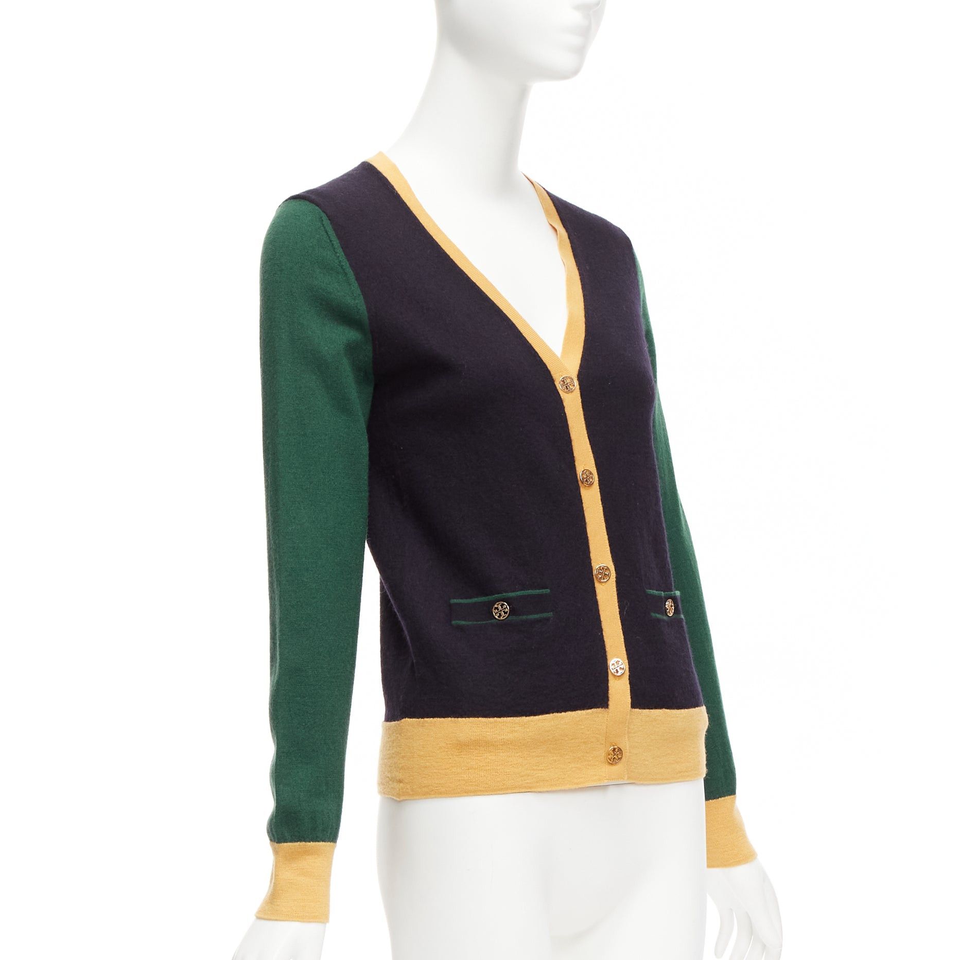 Tory Burch TORY BURCH 100% merino wool colorblocked logo button cardigan sweater M Size M / US 6-8 / IT 42-44 - 4 Thumbnail