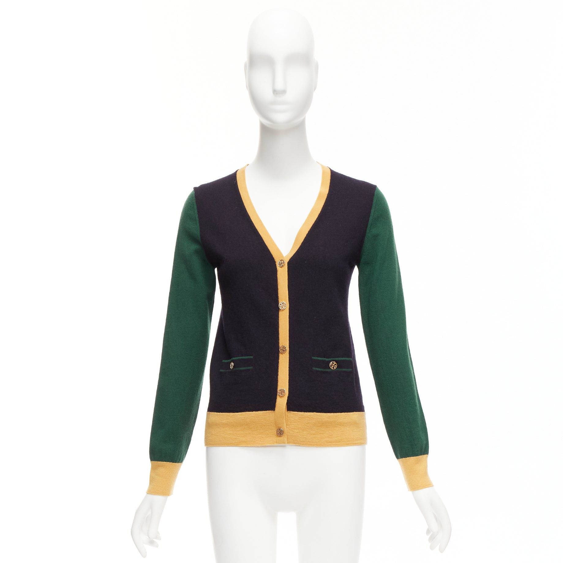 Tory Burch TORY BURCH 100% merino wool colorblocked logo button cardigan sweater M Size M / US 6-8 / IT 42-44 - 10 Thumbnail