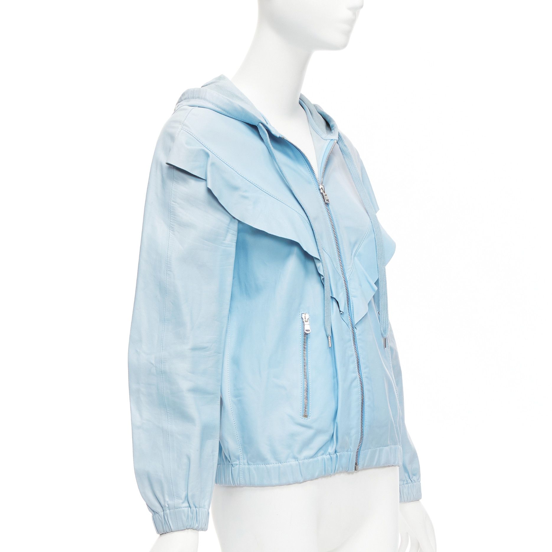 RED Valentino RED VALENTINO powder blue lambskin leather ruffle panel hoodie jacket IT40 S Size S / US 4 / IT 40 - 3 Thumbnail