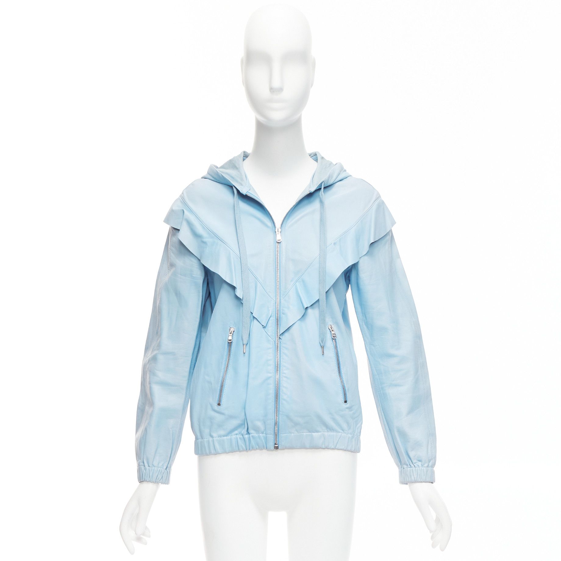 RED Valentino RED VALENTINO powder blue lambskin leather ruffle panel hoodie jacket IT40 S Size S / US 4 / IT 40 - 11 Thumbnail