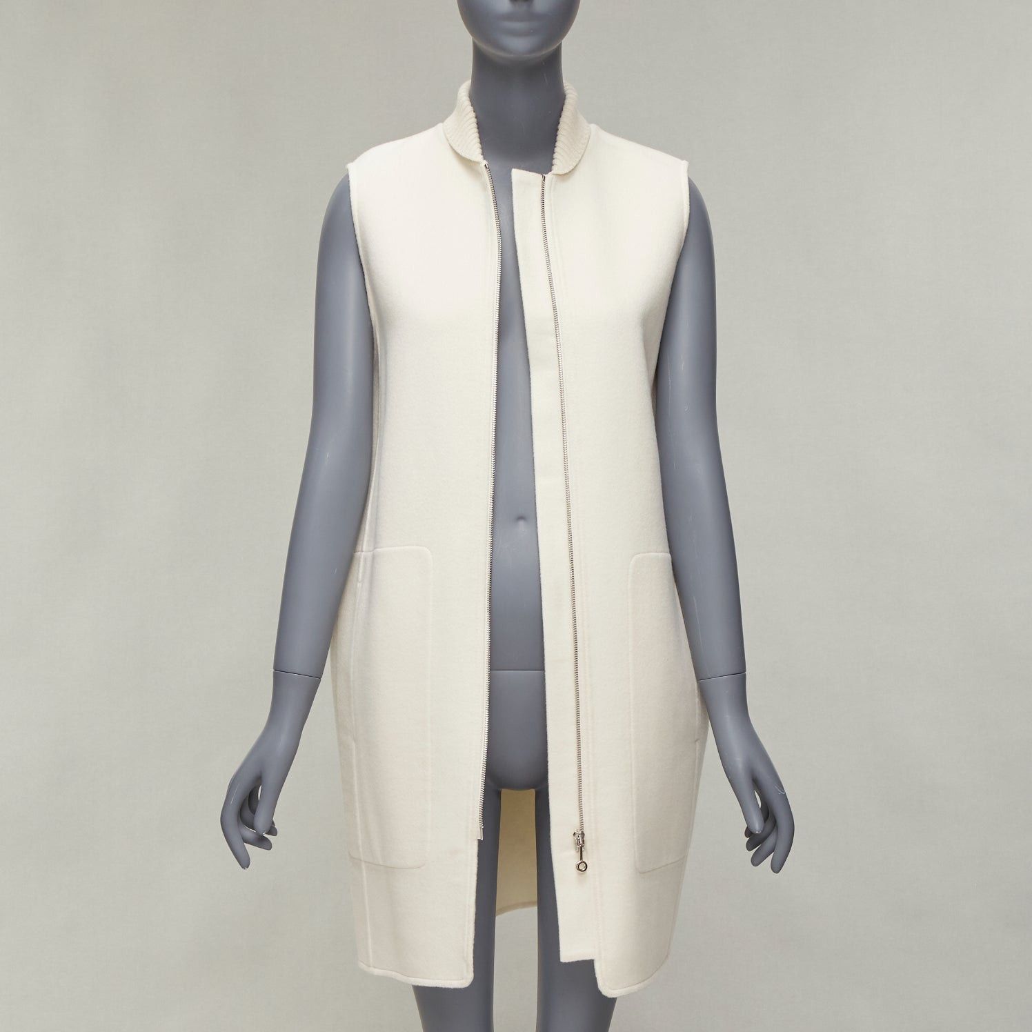 Hermes HERMES 100% cashmere cream applique back ribbed zip sleeveless coat FR34 XS Size XS / US 0-2 / IT 36-38 - 3 Thumbnail