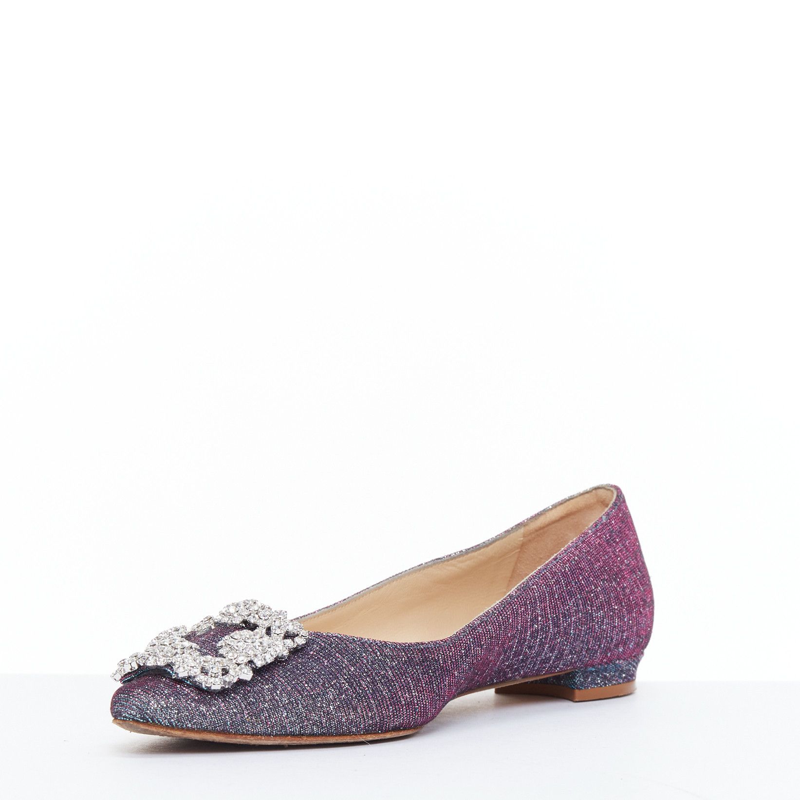 Manolo Blahnik MANOLO BLAHNIK Hangisi purple glitter fabric strass buckle pointy flats EU37 Size US 7 / IT 37 - 4 Thumbnail