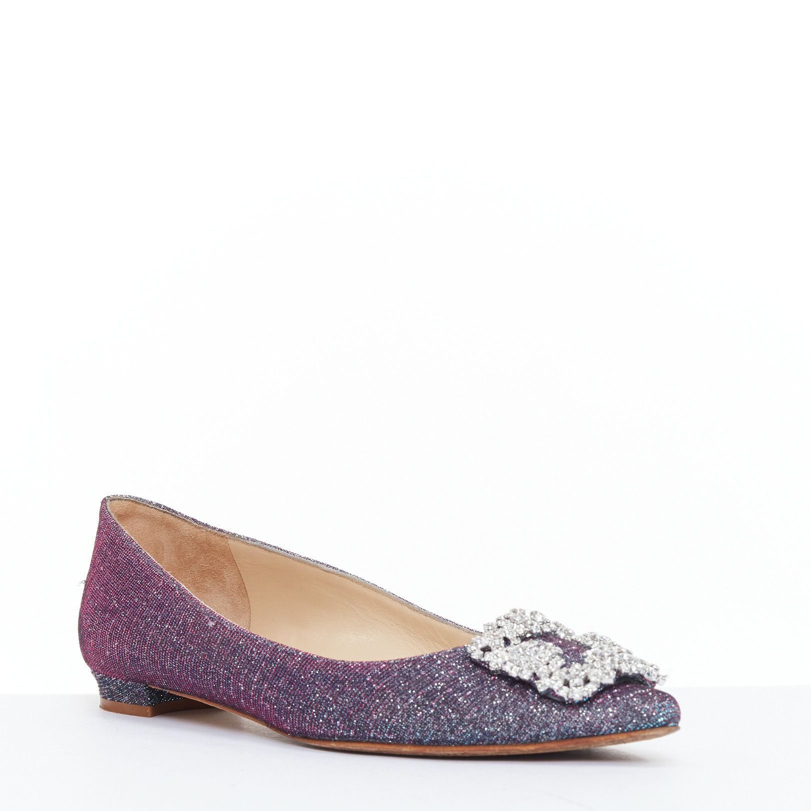 Manolo Blahnik MANOLO BLAHNIK Hangisi purple glitter fabric strass buckle pointy flats EU37 Size US 7 / IT 37 - 3 Thumbnail