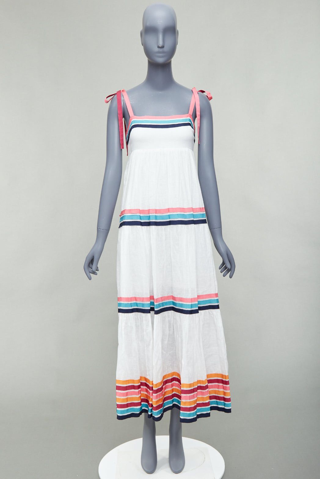 Zimmermann ZIMMERMANN Lulu white pink multicolor stripe trim shirred midi dress Sz1 S Size XS / US 0-2 / IT 36-38 - 9 Thumbnail
