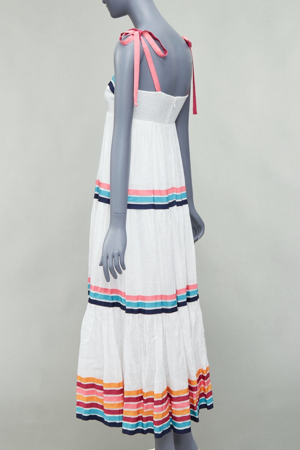 Zimmermann ZIMMERMANN Lulu white pink multicolor stripe trim shirred midi dress Sz1 S Size XS / US 0-2 / IT 36-38 - 6 Thumbnail