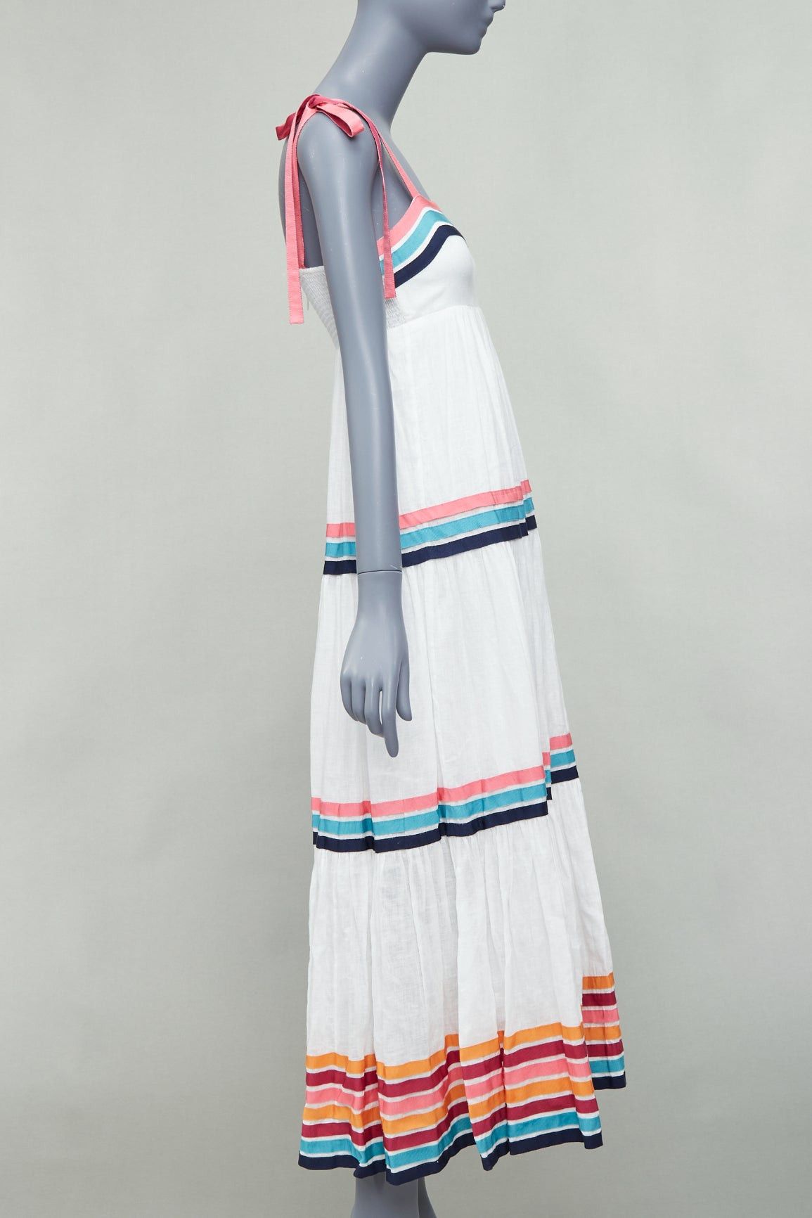 Zimmermann ZIMMERMANN Lulu white pink multicolor stripe trim shirred midi dress Sz1 S Size XS / US 0-2 / IT 36-38 - 4 Thumbnail