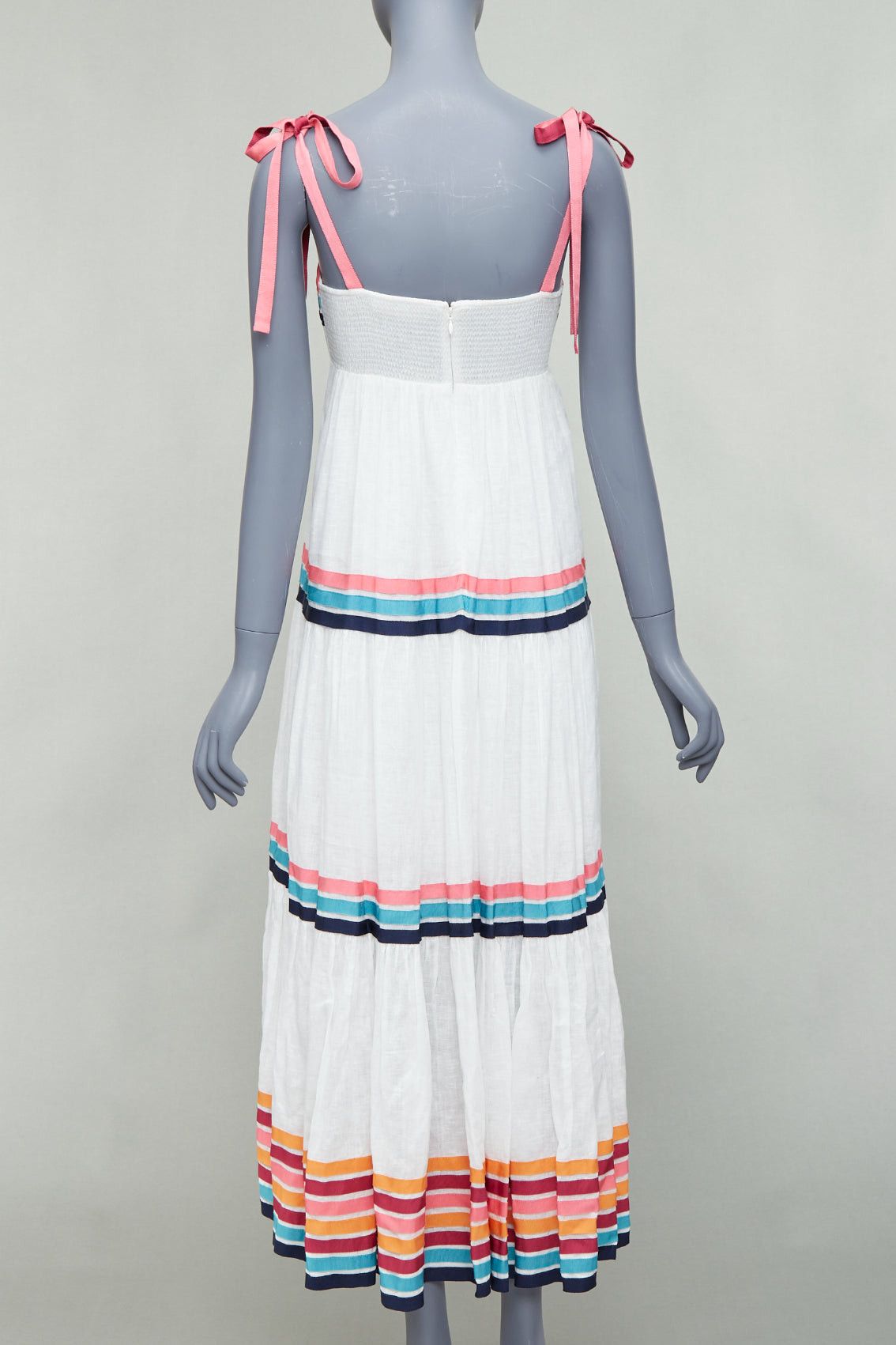 Zimmermann ZIMMERMANN Lulu white pink multicolor stripe trim shirred midi dress Sz1 S Size XS / US 0-2 / IT 36-38 - 5 Thumbnail