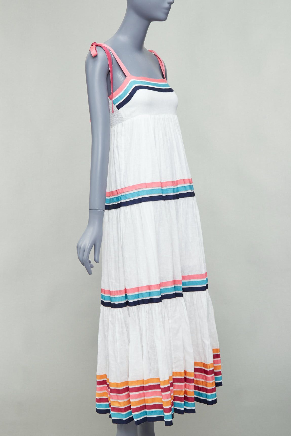 Zimmermann ZIMMERMANN Lulu white pink multicolor stripe trim shirred midi dress Sz1 S Size XS / US 0-2 / IT 36-38 - 3 Thumbnail