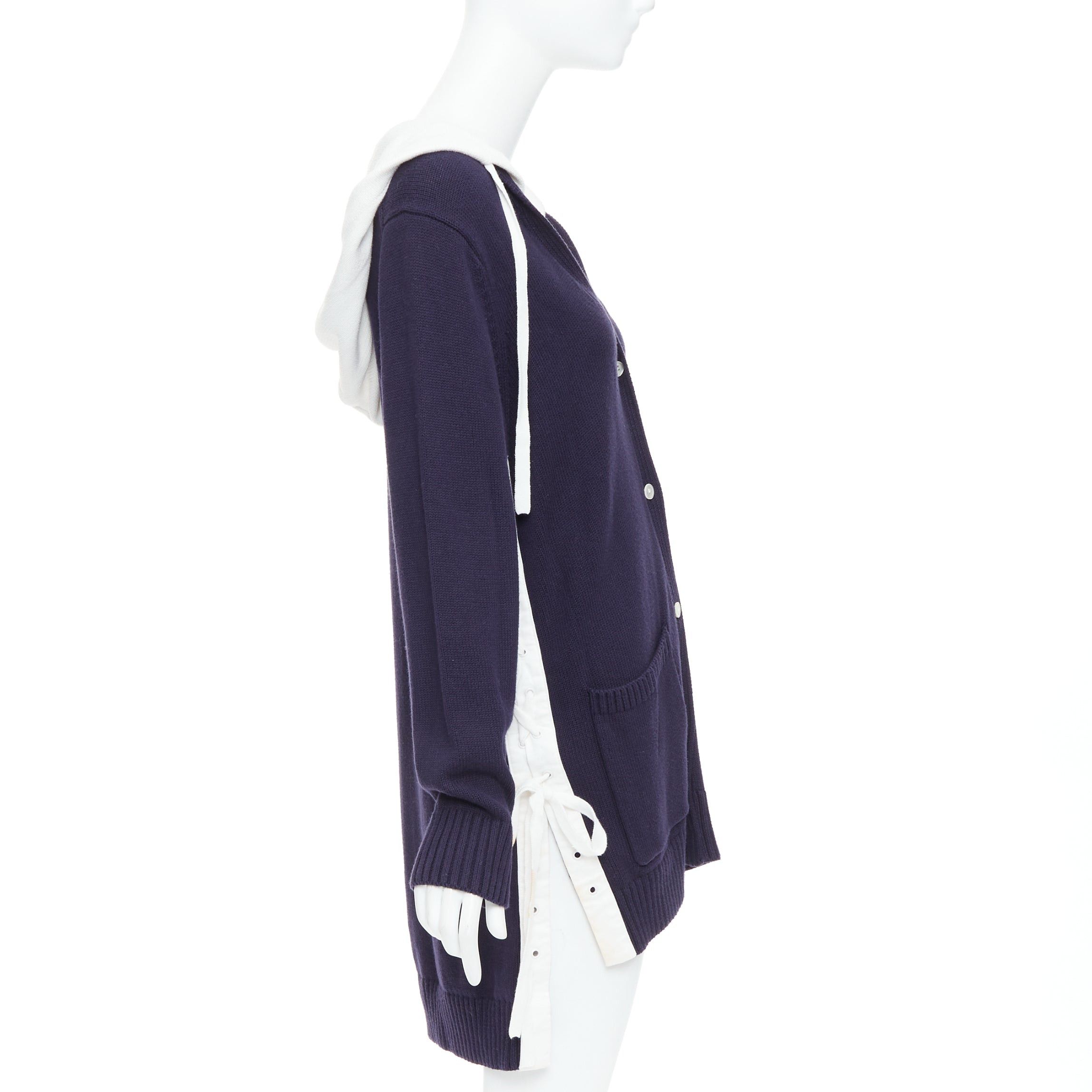 MONSE MONSE navy white cotton blend laced side hooded cardigan XS Size S / US 4 / IT 40 - 5 Thumbnail