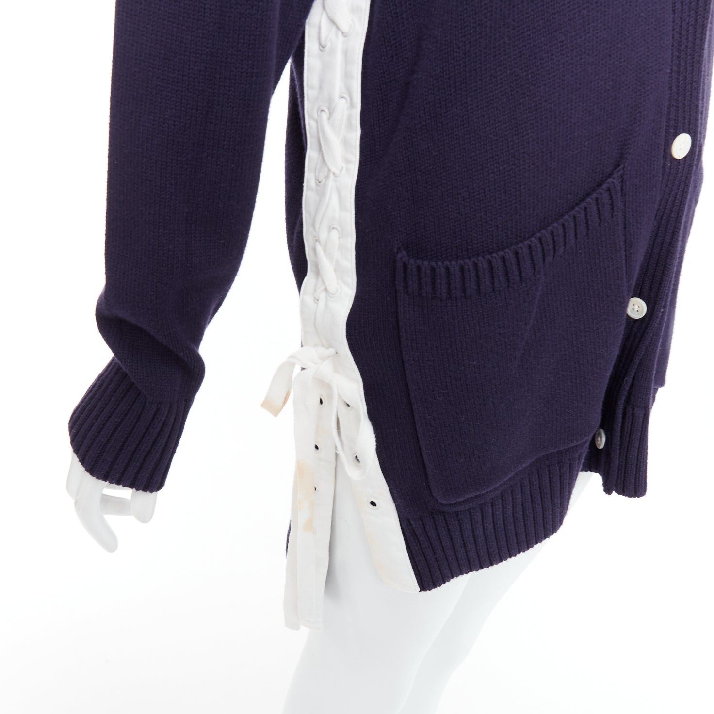 MONSE MONSE navy white cotton blend laced side hooded cardigan XS Size S / US 4 / IT 40 - 2 Thumbnail