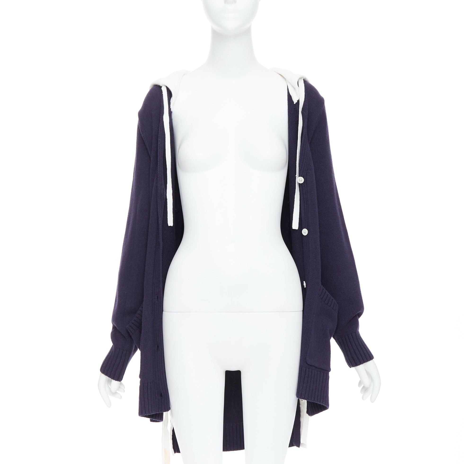 MONSE MONSE navy white cotton blend laced side hooded cardigan XS Size S / US 4 / IT 40 - 3 Thumbnail