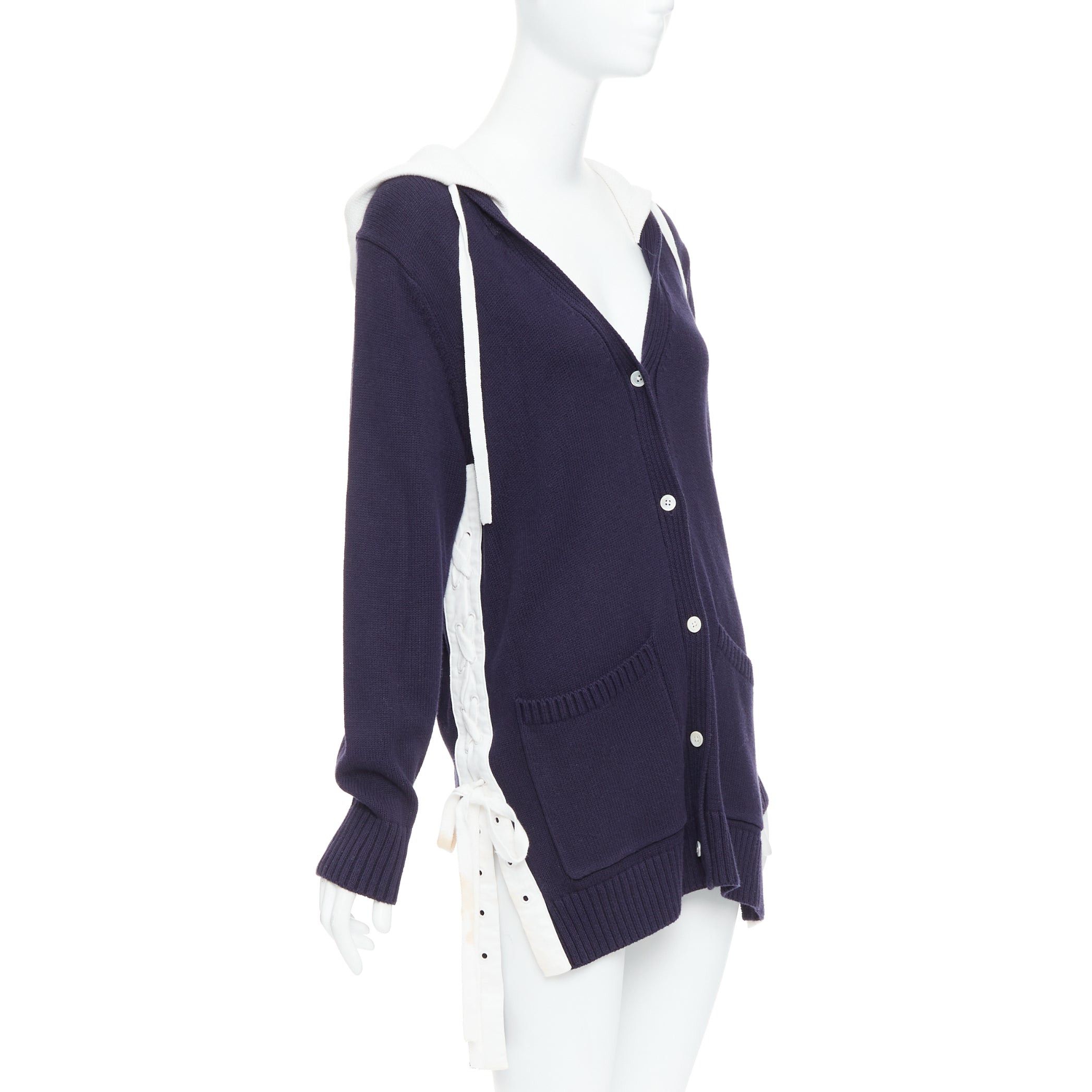MONSE MONSE navy white cotton blend laced side hooded cardigan XS Size S / US 4 / IT 40 - 4 Thumbnail