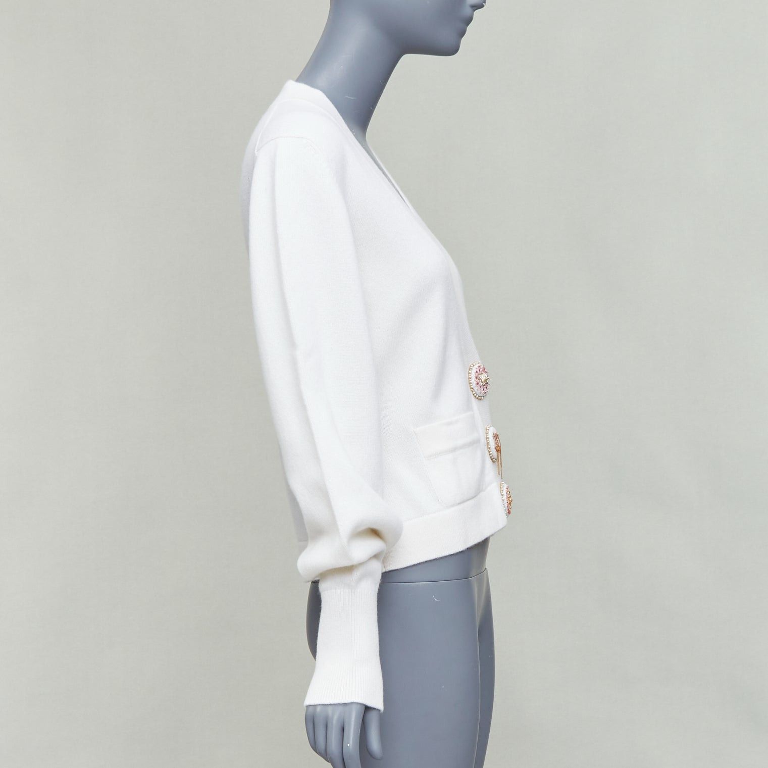 Chanel CHANEL 22A off white cashmere blend pink CC crystal buttons cardigan FR38 M Size M / US 6-8 / IT 42-44 - 4 Thumbnail