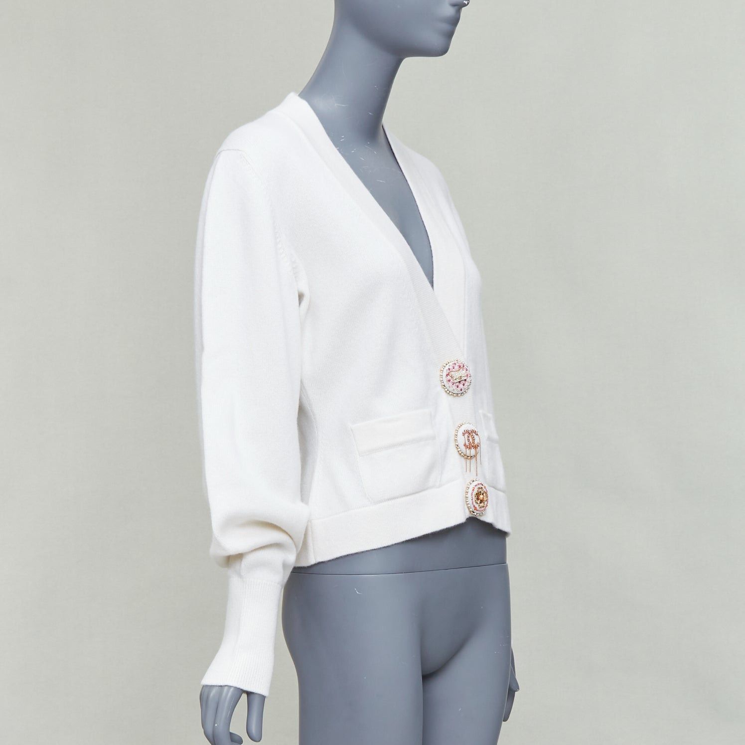 Chanel CHANEL 22A off white cashmere blend pink CC crystal buttons cardigan FR38 M Size M / US 6-8 / IT 42-44 - 3 Thumbnail