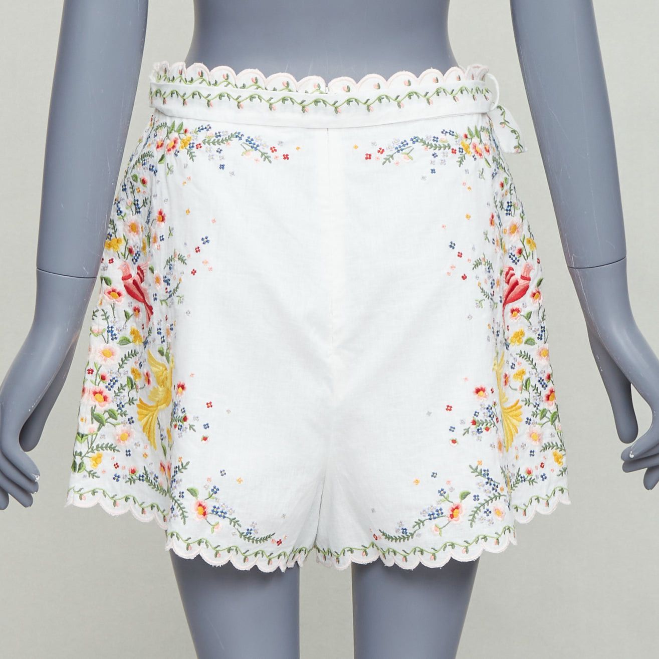 ZIMMERMANN Carnaby white linen cotton phoenix embroidery scallop shorts US2  S2