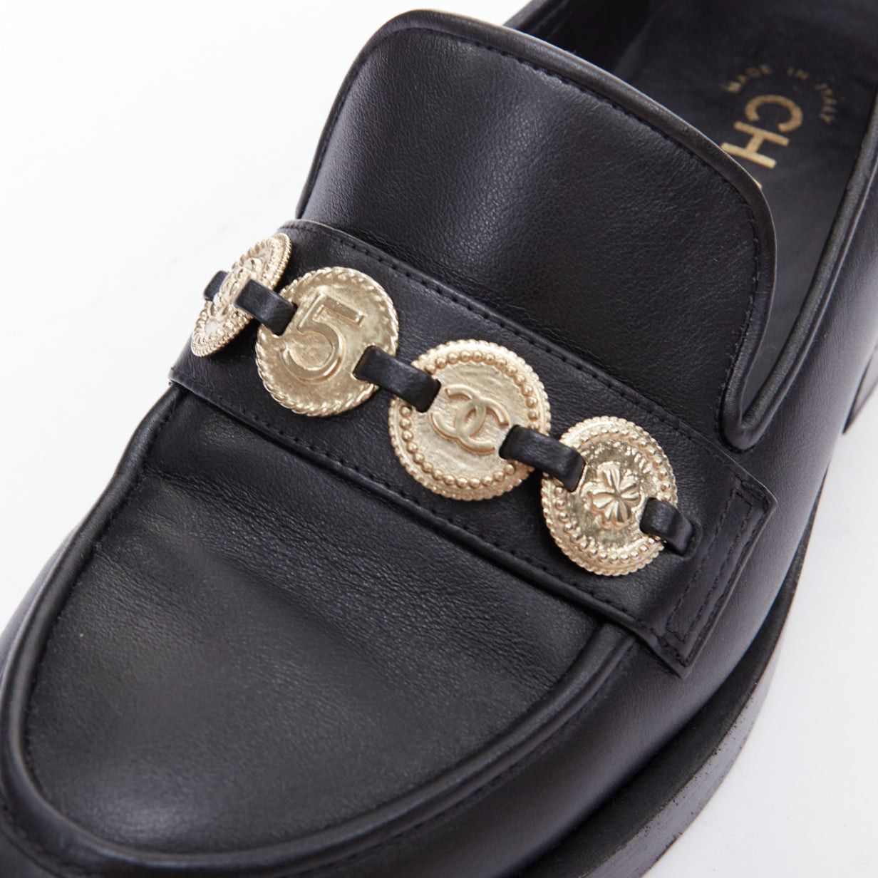 Chanel CHANEL 2023 black leather gold CC 5 coin embellished classic loafers EU37 Size US 7 / IT 37 - 7 Thumbnail