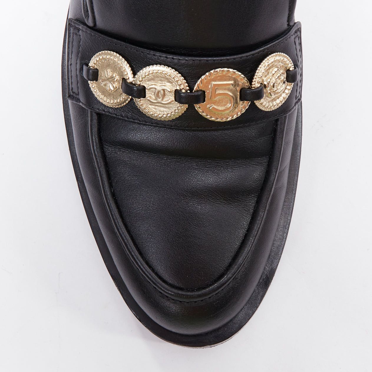 Chanel CHANEL 2023 black leather gold CC 5 coin embellished classic loafers EU37 Size US 7 / IT 37 - 6 Thumbnail