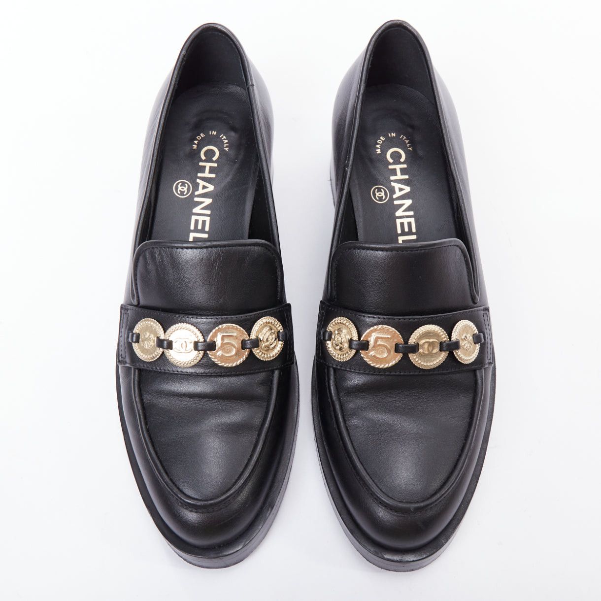 Chanel CHANEL 2023 black leather gold CC 5 coin embellished classic loafers EU37 Size US 7 / IT 37 - 2 Thumbnail