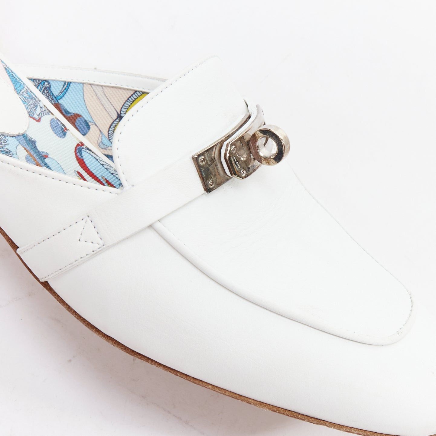 Hermes HERMES Oz white calfskin leather silver Kelly turnlock mules EU37 Size US 7 / IT 37 - 7 Thumbnail