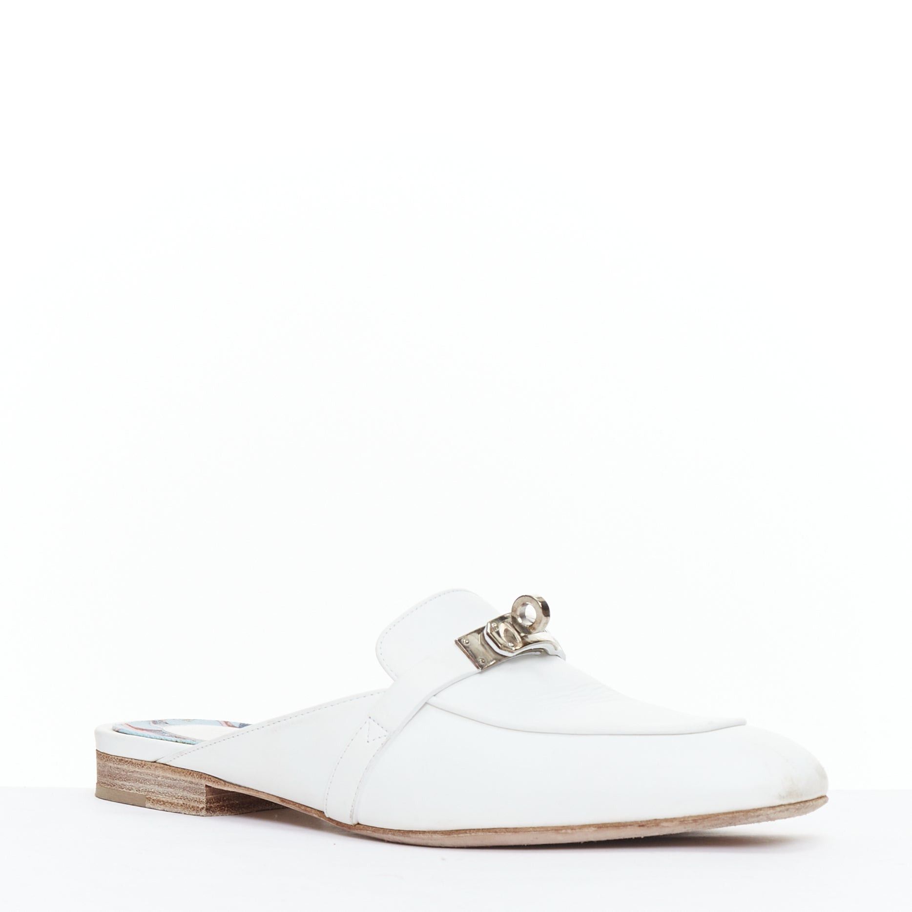 Hermes HERMES Oz white calfskin leather silver Kelly turnlock mules EU37 Size US 7 / IT 37 - 3 Thumbnail