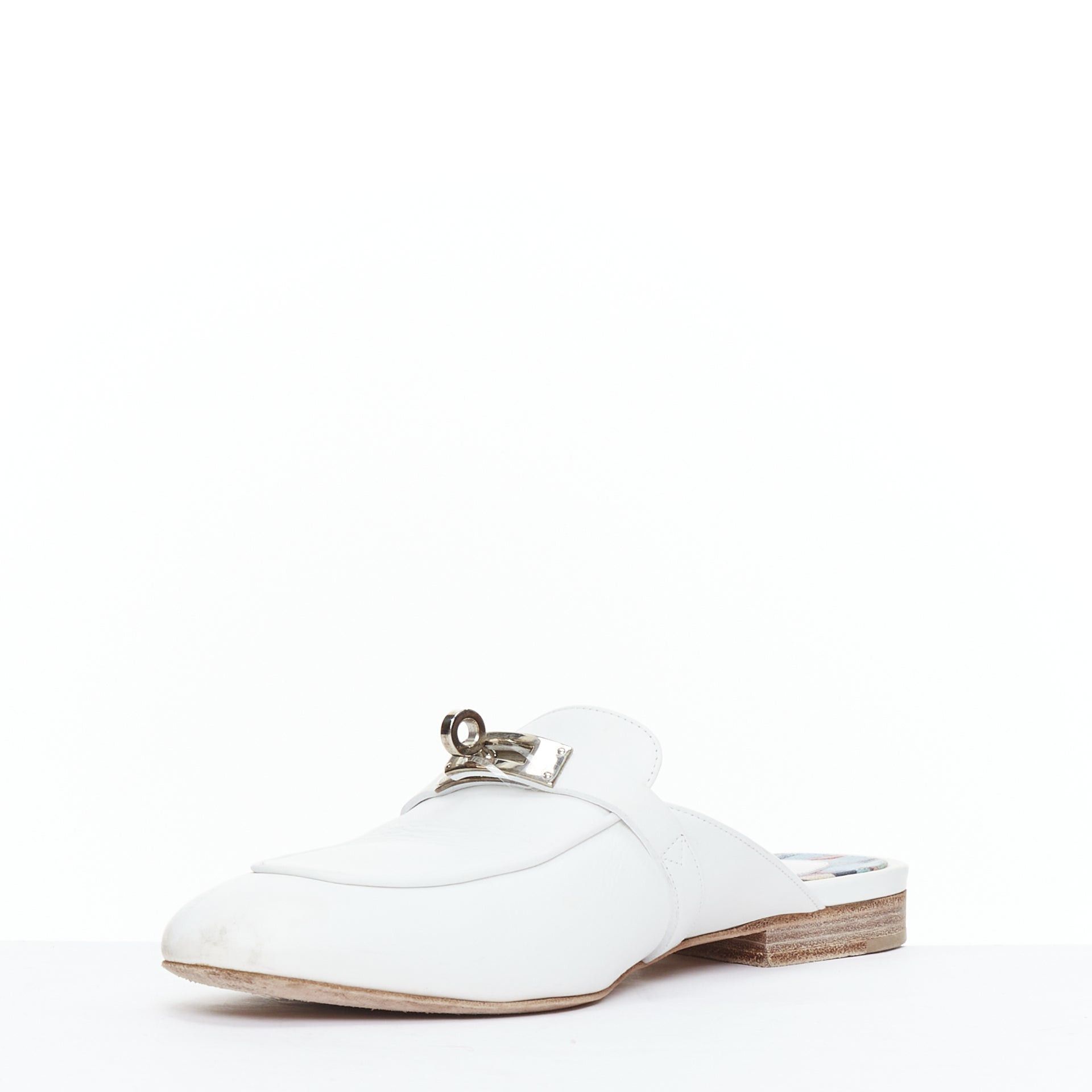 Hermes HERMES Oz white calfskin leather silver Kelly turnlock mules EU37 Size US 7 / IT 37 - 4 Thumbnail