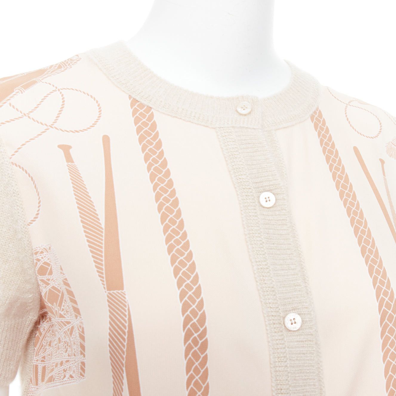 Hermes HERMES beige nude cashmere blend graphic silk crop cardigan FR38 M Size M / US 6-8 / IT 42-44 - 2 Thumbnail