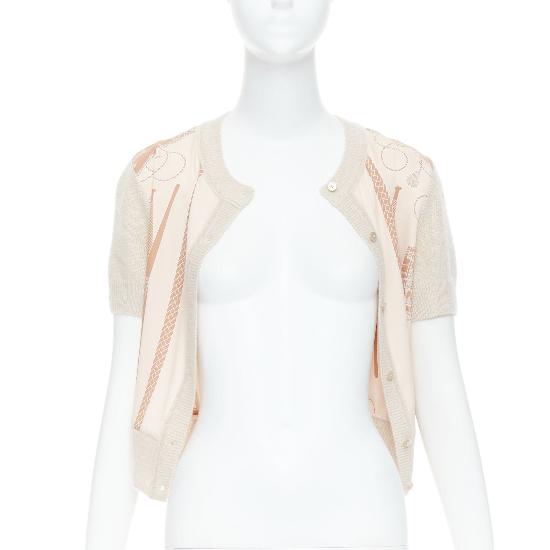Hermes HERMES beige nude cashmere blend graphic silk crop cardigan FR38 M Size M / US 6-8 / IT 42-44 - 3 Thumbnail
