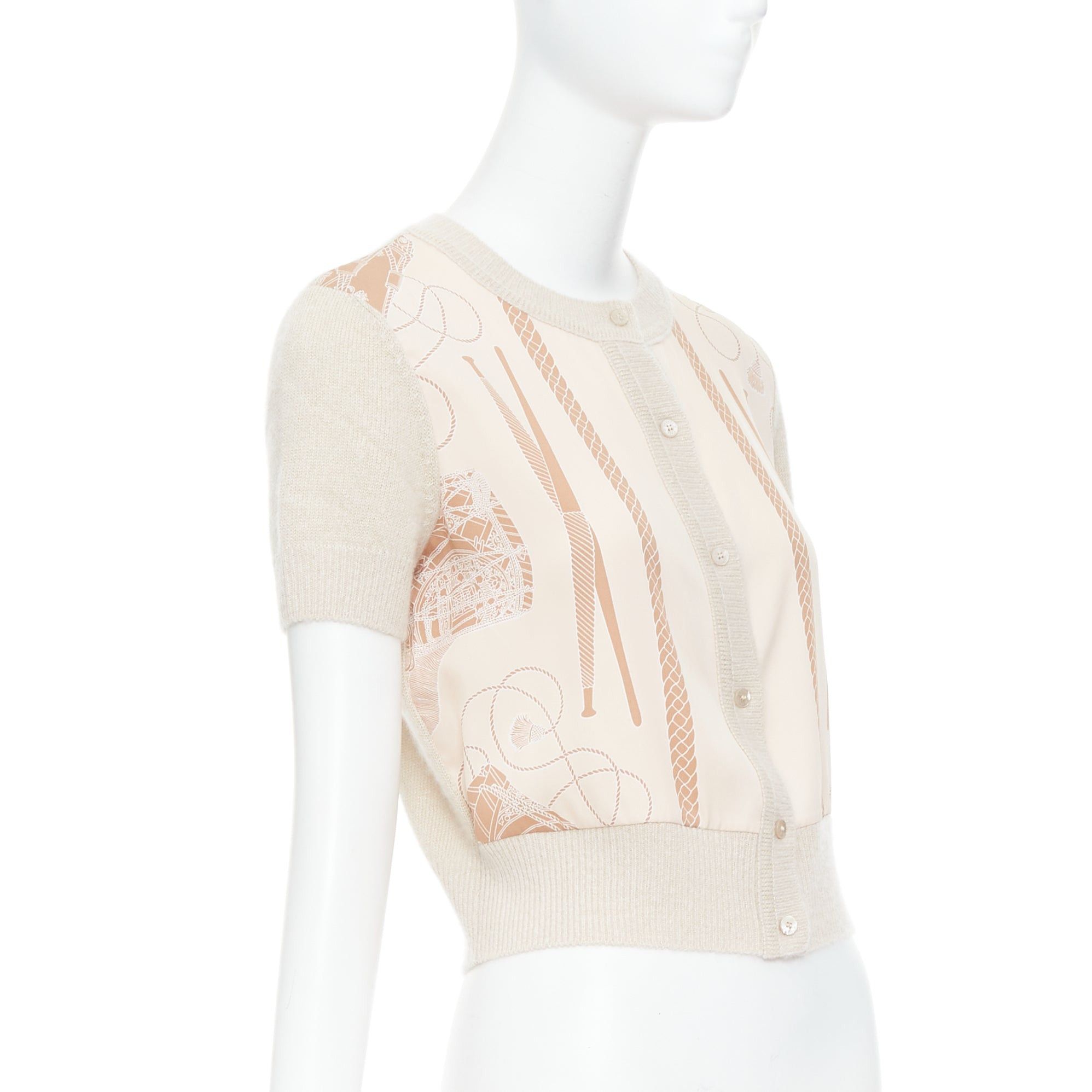 Hermes HERMES beige nude cashmere blend graphic silk crop cardigan FR38 M Size M / US 6-8 / IT 42-44 - 4 Thumbnail
