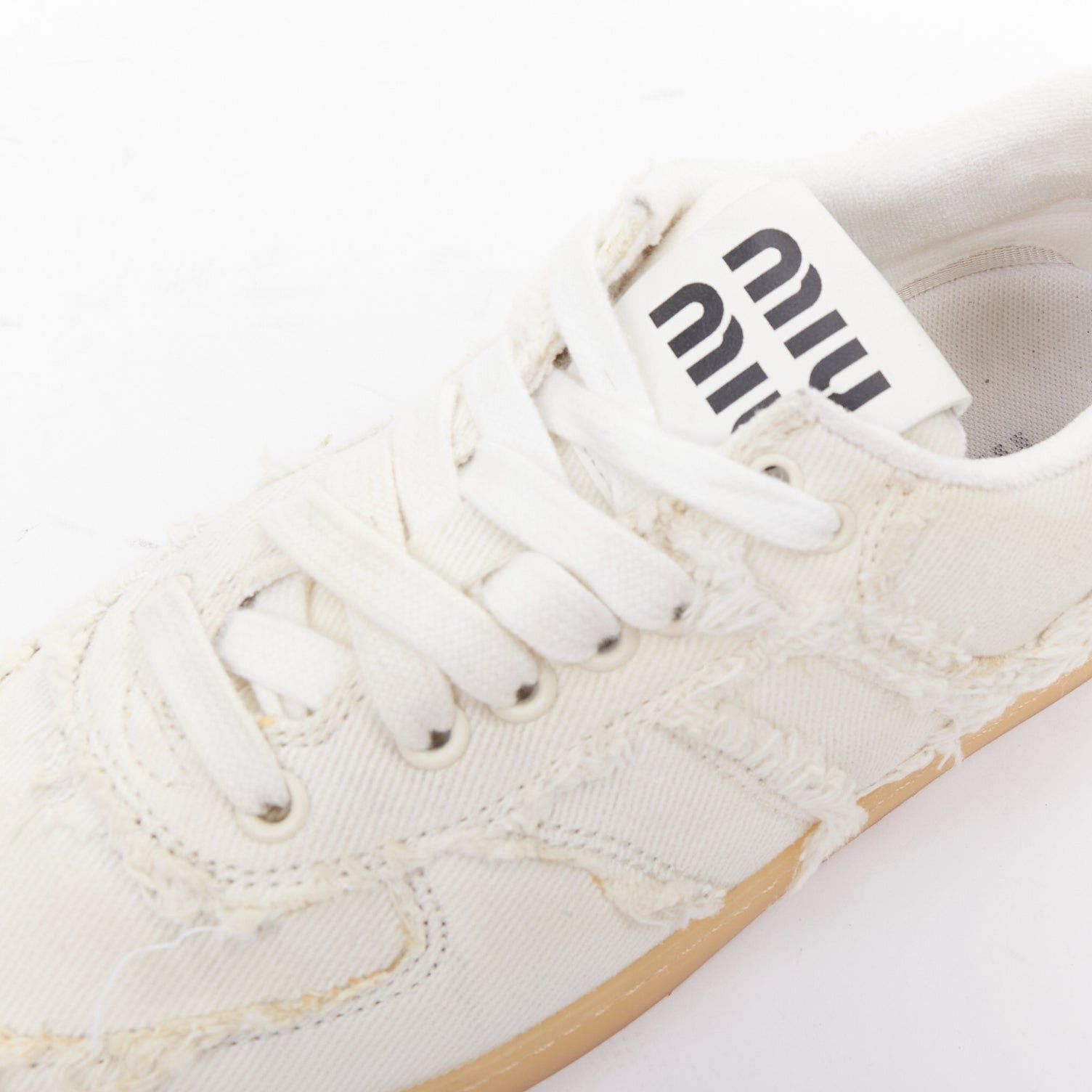Miu Miu MIU MIU Denim beige raw cut frayed canvas skateboard sneakers EU37 Size US 7 / IT 37 - 7 Thumbnail