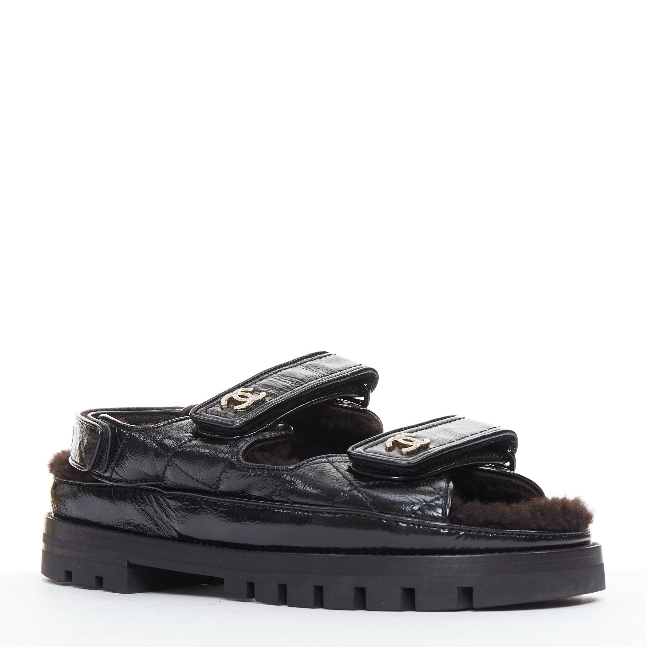 Chanel CHANEL 2023 black laminated lambskin shearling crystal CC dad sandals EU37 Size US 7 / IT 37 - 2 Thumbnail