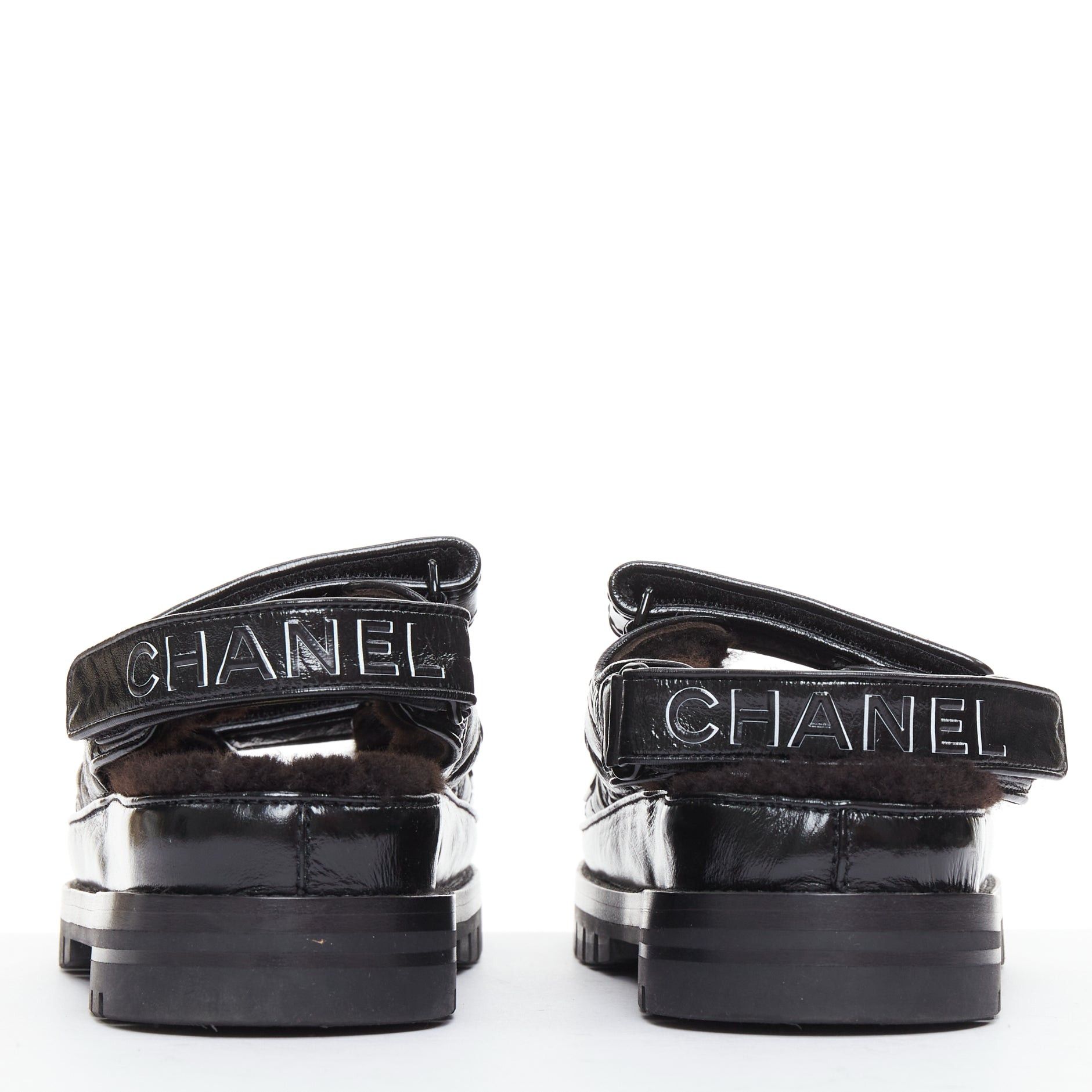 Chanel CHANEL 2023 black laminated lambskin shearling crystal CC dad sandals EU37 Size US 7 / IT 37 - 5 Thumbnail