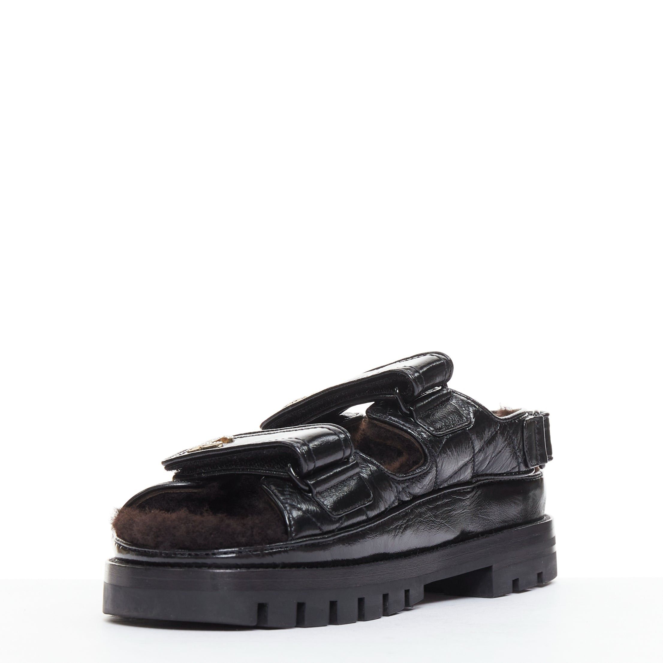 Chanel CHANEL 2023 black laminated lambskin shearling crystal CC dad sandals EU37 Size US 7 / IT 37 - 4 Thumbnail