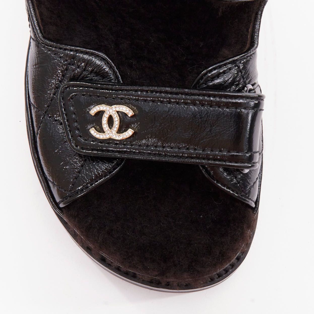 Chanel CHANEL 2023 black laminated lambskin shearling crystal CC dad sandals EU37 Size US 7 / IT 37 - 6 Thumbnail