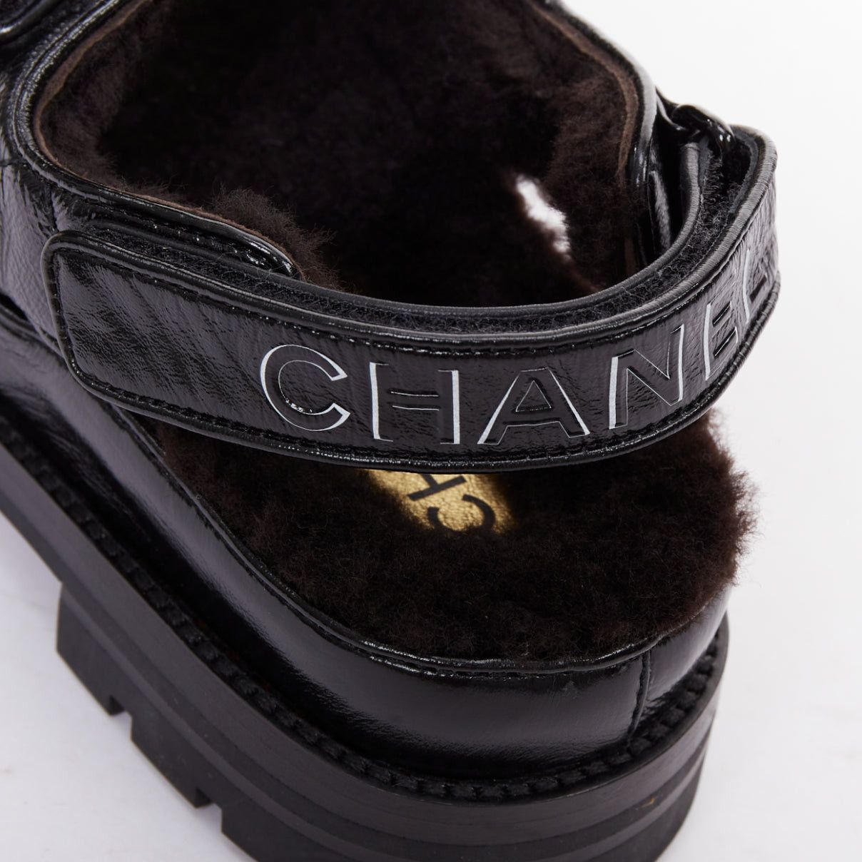 Chanel CHANEL 2023 black laminated lambskin shearling crystal CC dad sandals EU37 Size US 7 / IT 37 - 8 Thumbnail