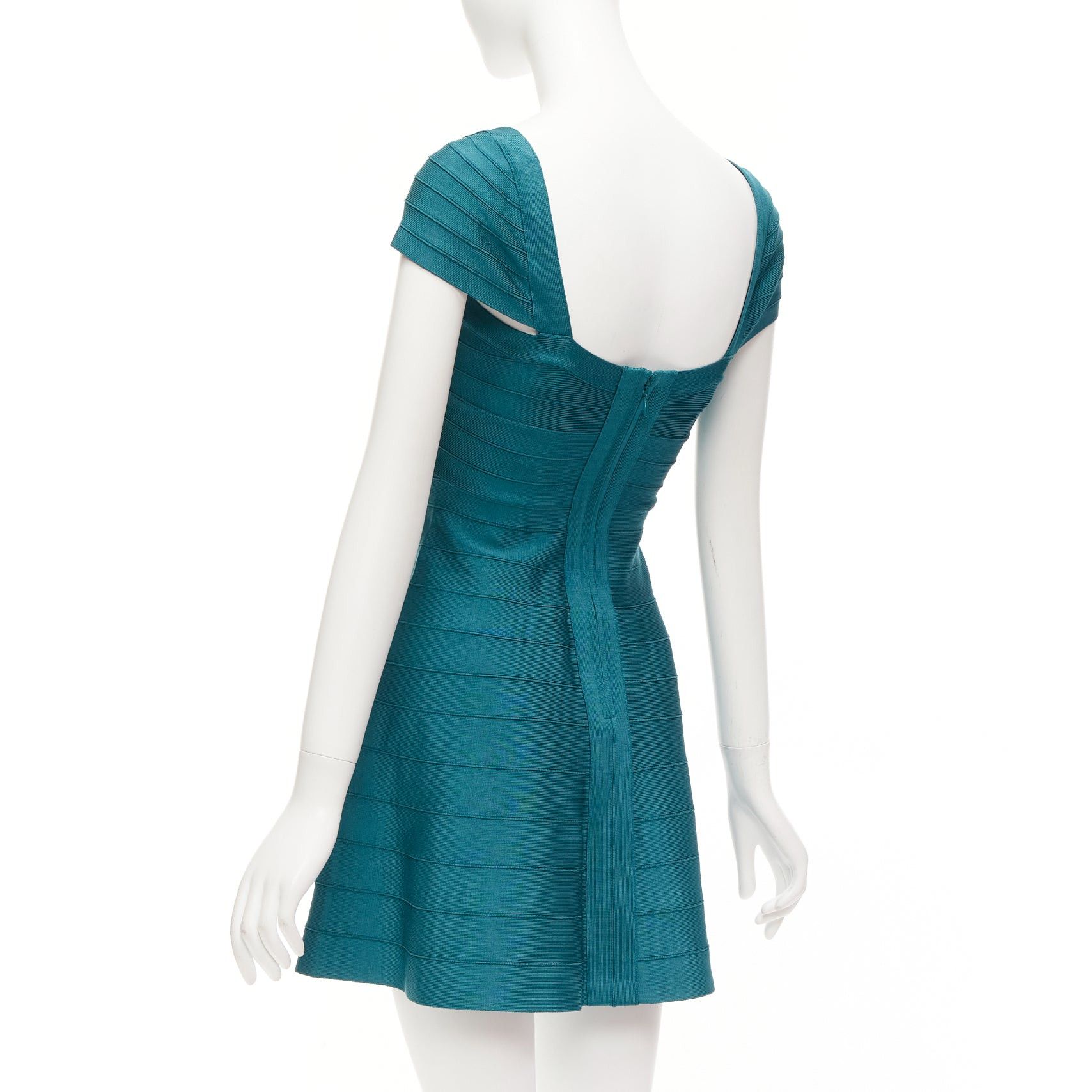 HERVE LEGER teal green cap sleeve sweetheart fit flare bandage dress S