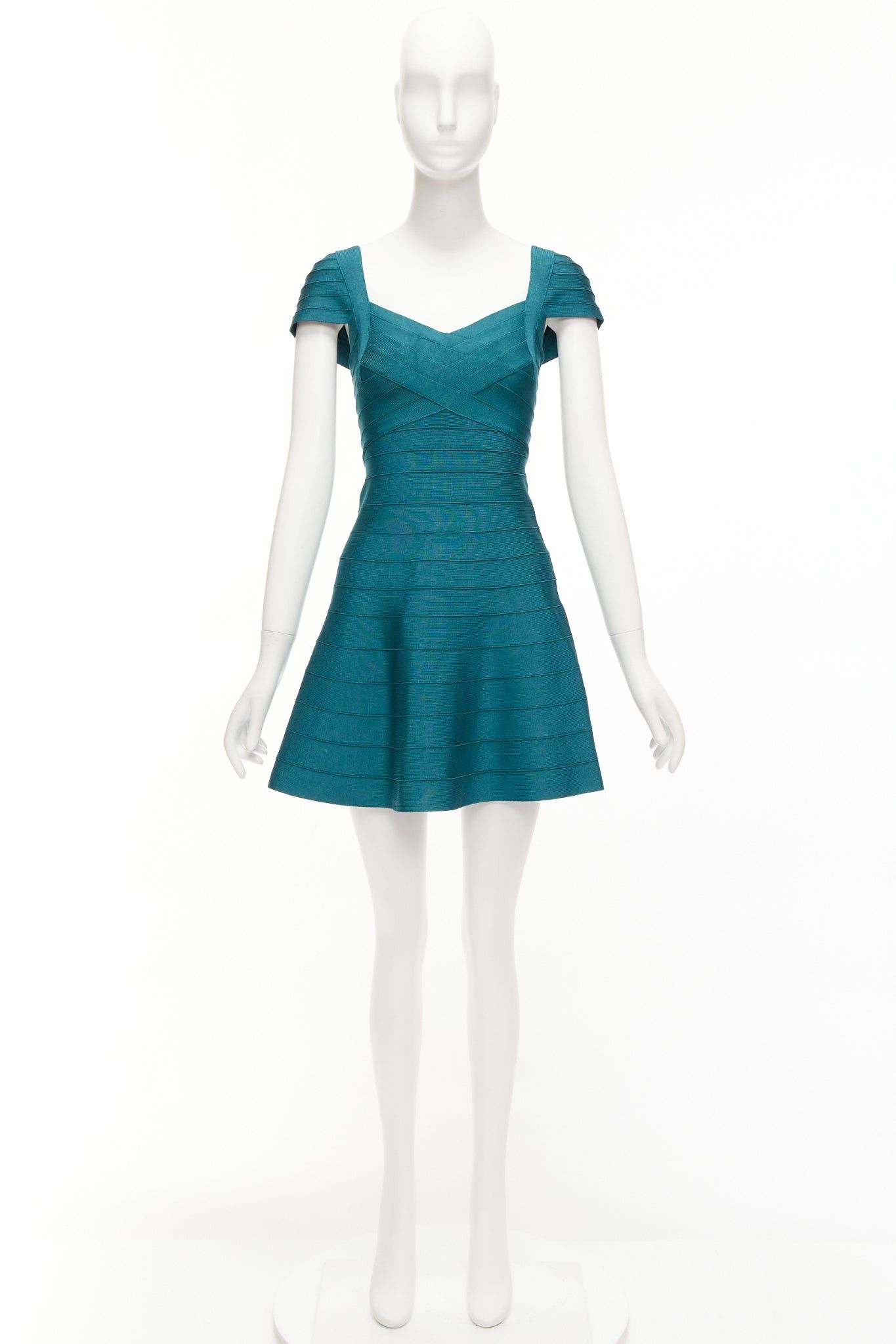 Herve Leger HERVE LEGER teal green cap sleeve sweetheart fit flare bandage dress S Size S / US 4 / IT 40 - 9 Thumbnail