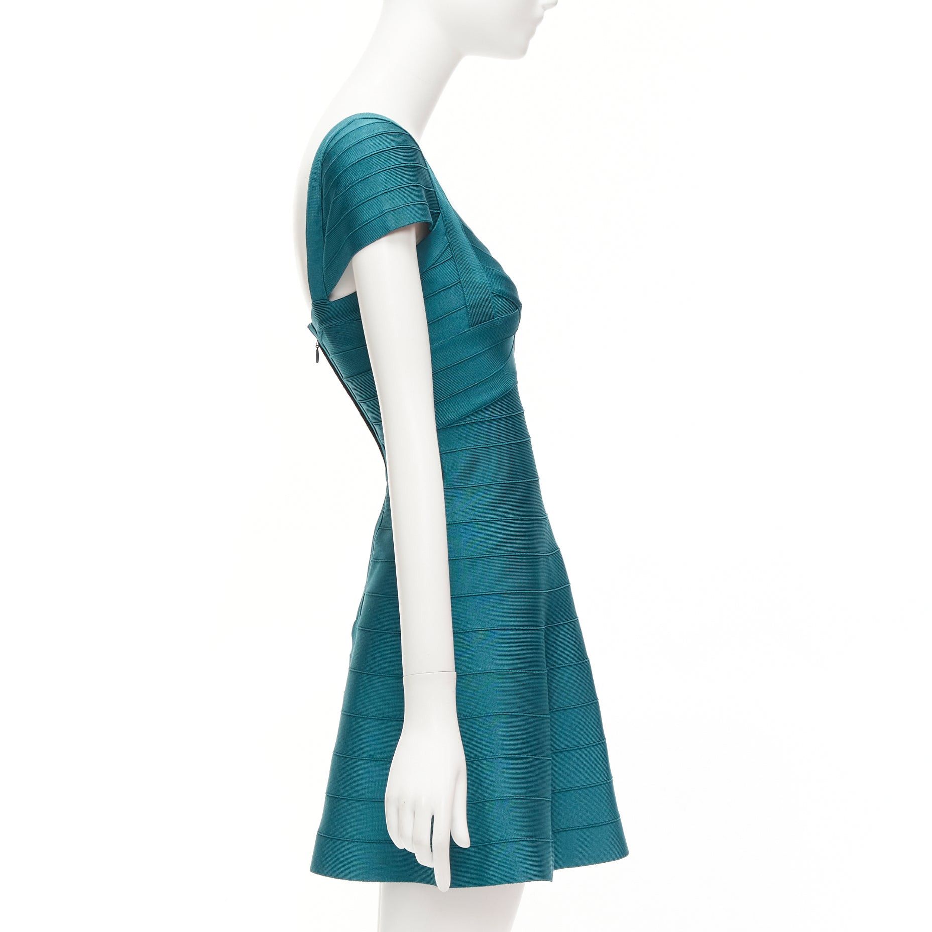 Herve Leger HERVE LEGER teal green cap sleeve sweetheart fit flare bandage dress S Size S / US 4 / IT 40 - 4 Thumbnail