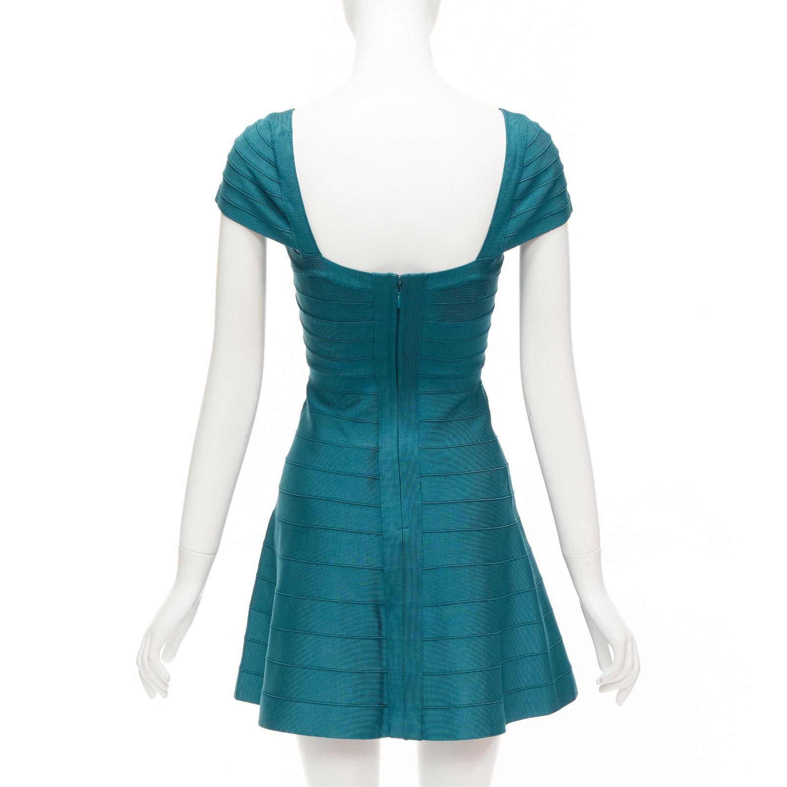 Herve Leger HERVE LEGER teal green cap sleeve sweetheart fit flare bandage dress S Size S / US 4 / IT 40 - 5 Thumbnail
