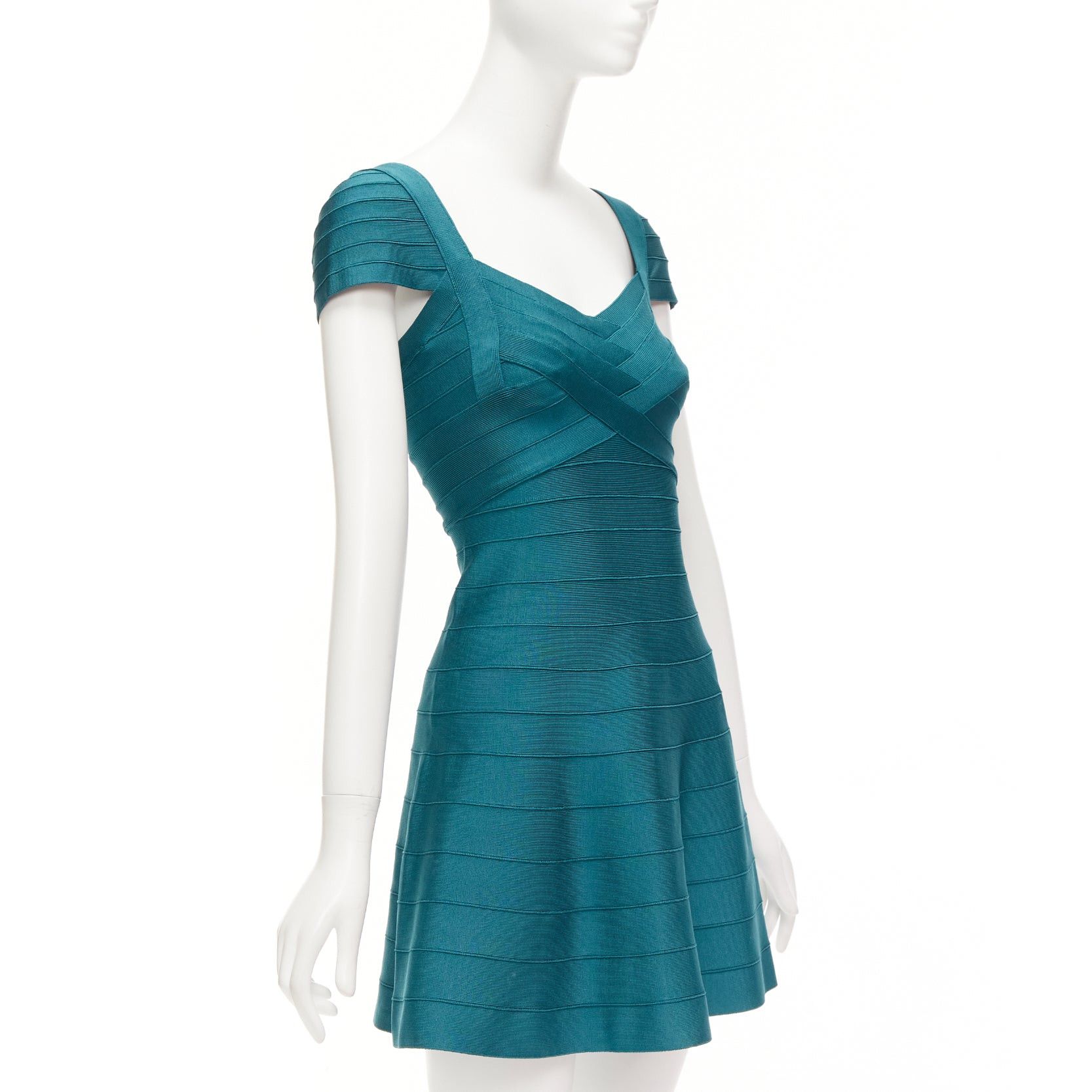 Herve Leger HERVE LEGER teal green cap sleeve sweetheart fit flare bandage dress S Size S / US 4 / IT 40 - 3 Thumbnail