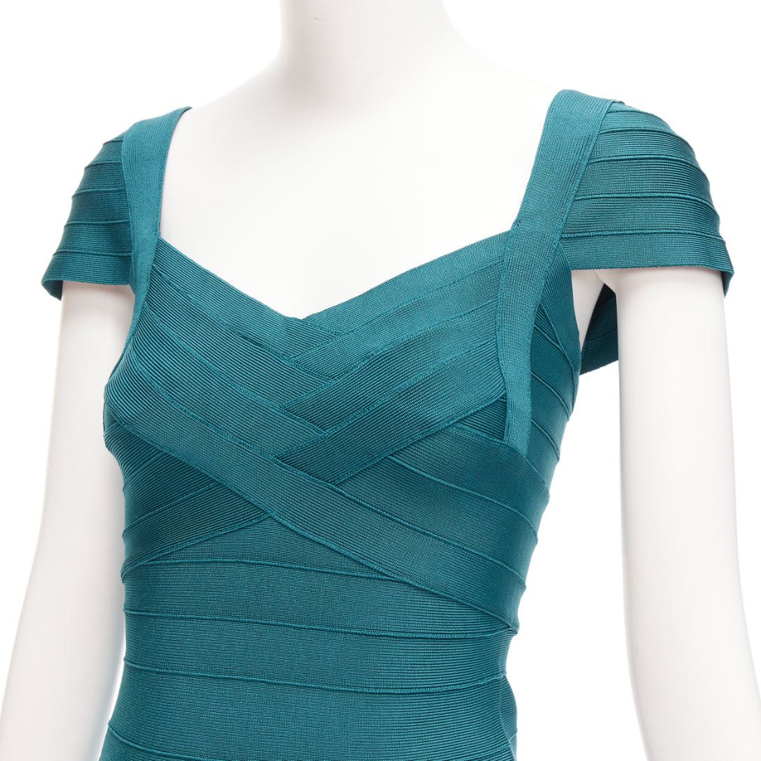 Herve Leger HERVE LEGER teal green cap sleeve sweetheart fit flare bandage dress S Size S / US 4 / IT 40 - 2 Thumbnail