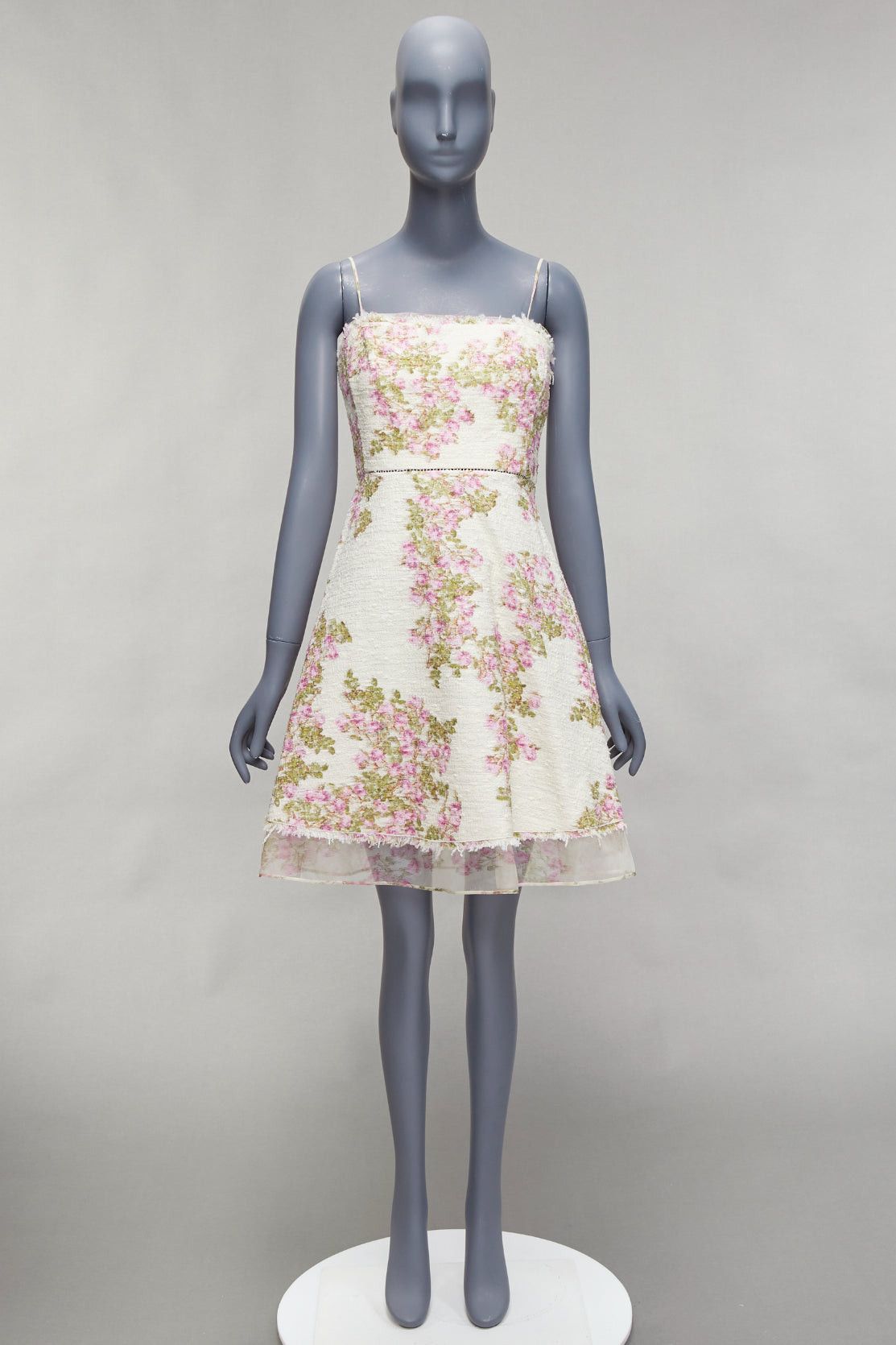 Giambattista Valli GIAMBATTISTA VALLI cream purple floral cotton tweed sheer hem dress IT42 M Size M / US 6-8 / IT 42-44 - 9 Thumbnail