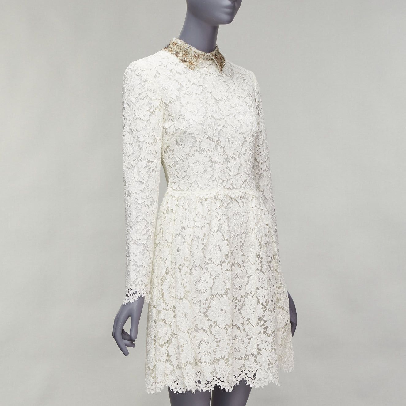 Valentino VALENTINO gold sequin embroidered collar cream lace bridal dress Size M / US 6-8 / IT 42-44 - 3 Thumbnail